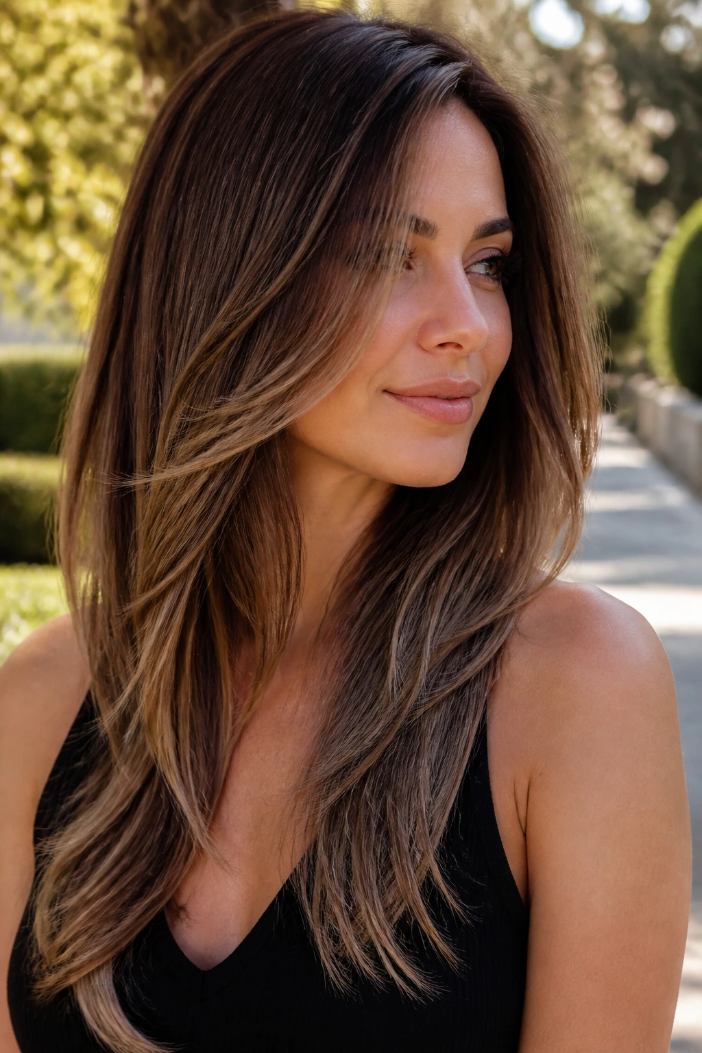 Close-up of a real woman with long layered hair and diffused ash brown ends