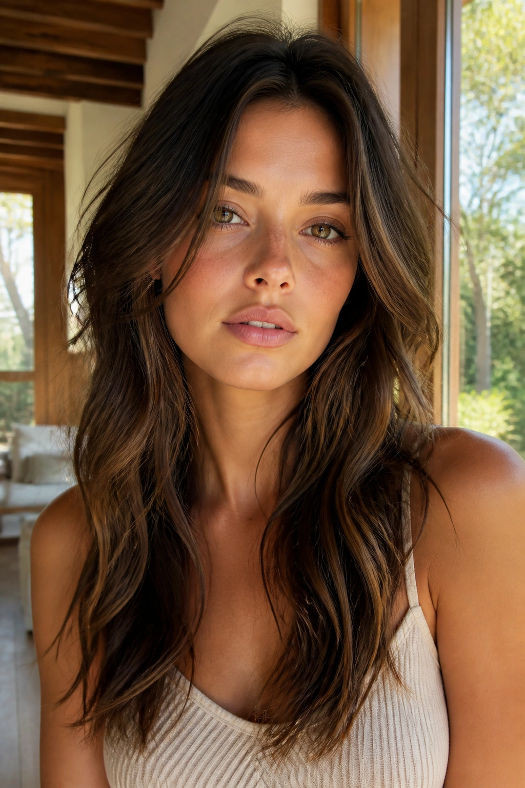 Close-up portrait of a real woman with long layered hair and natural waves