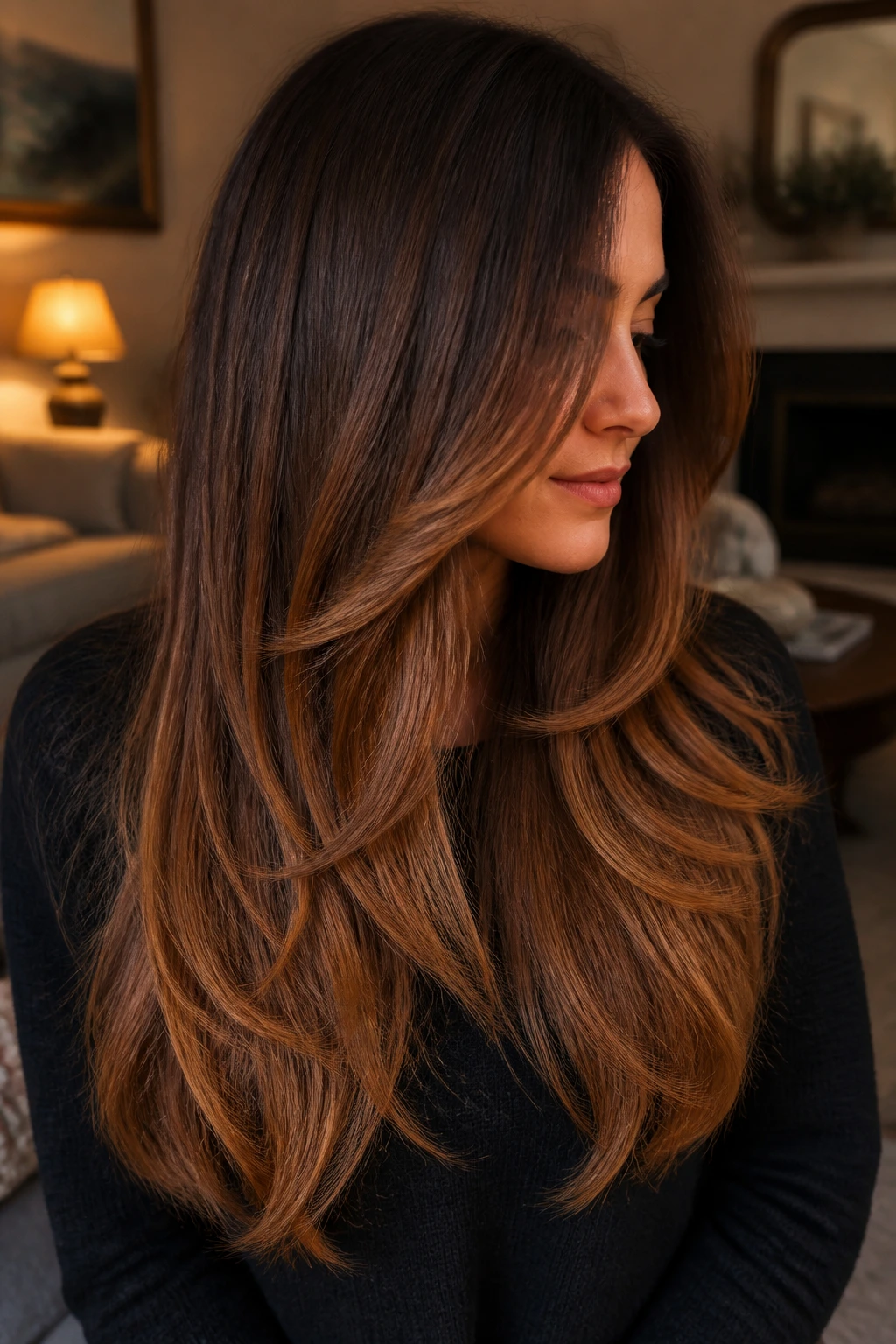 Portrait of a real woman with long layered brown hair showing tawny caramel at the bottom in warm indoor light