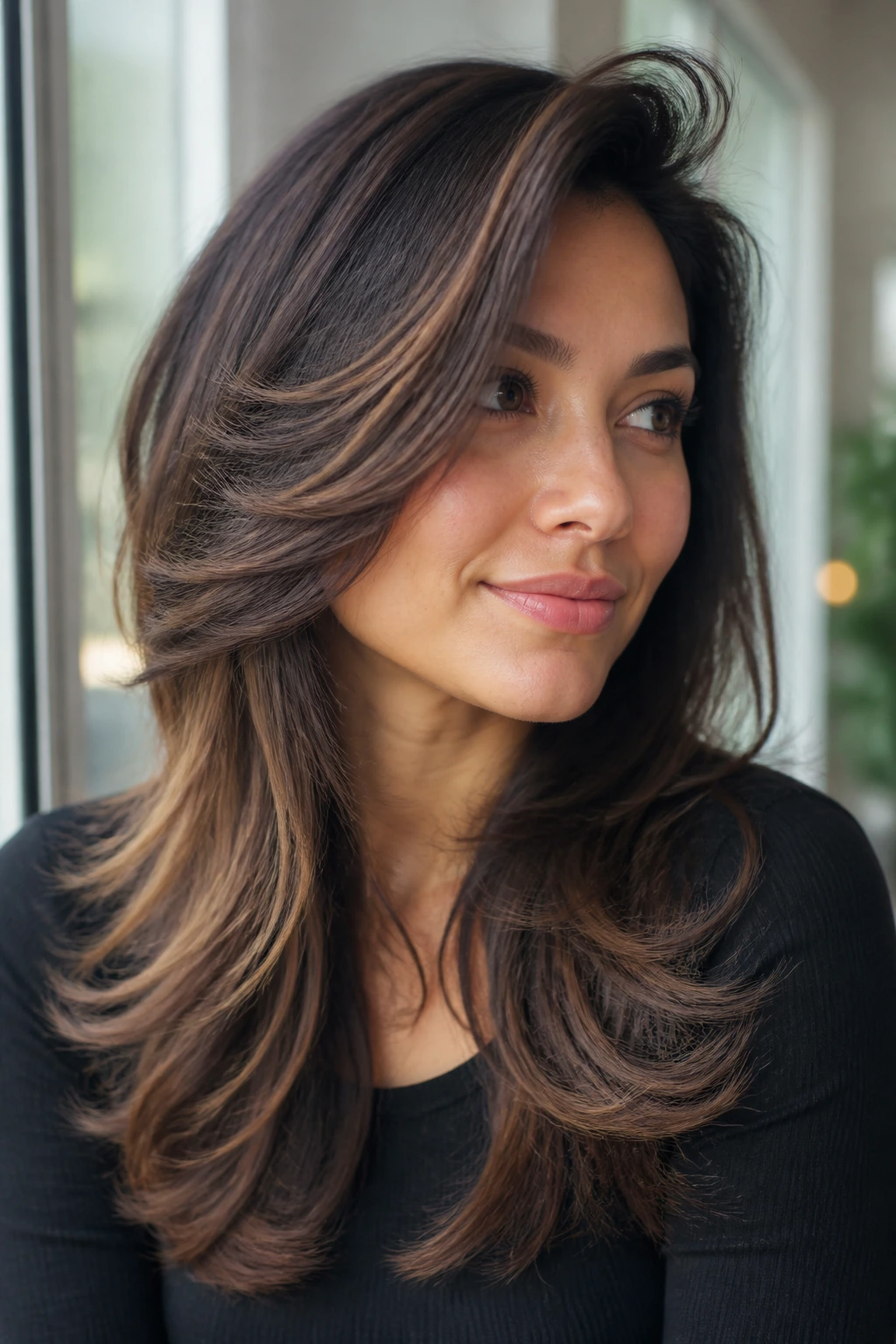 Close-up of real woman with long layered cut and dramatic side flip