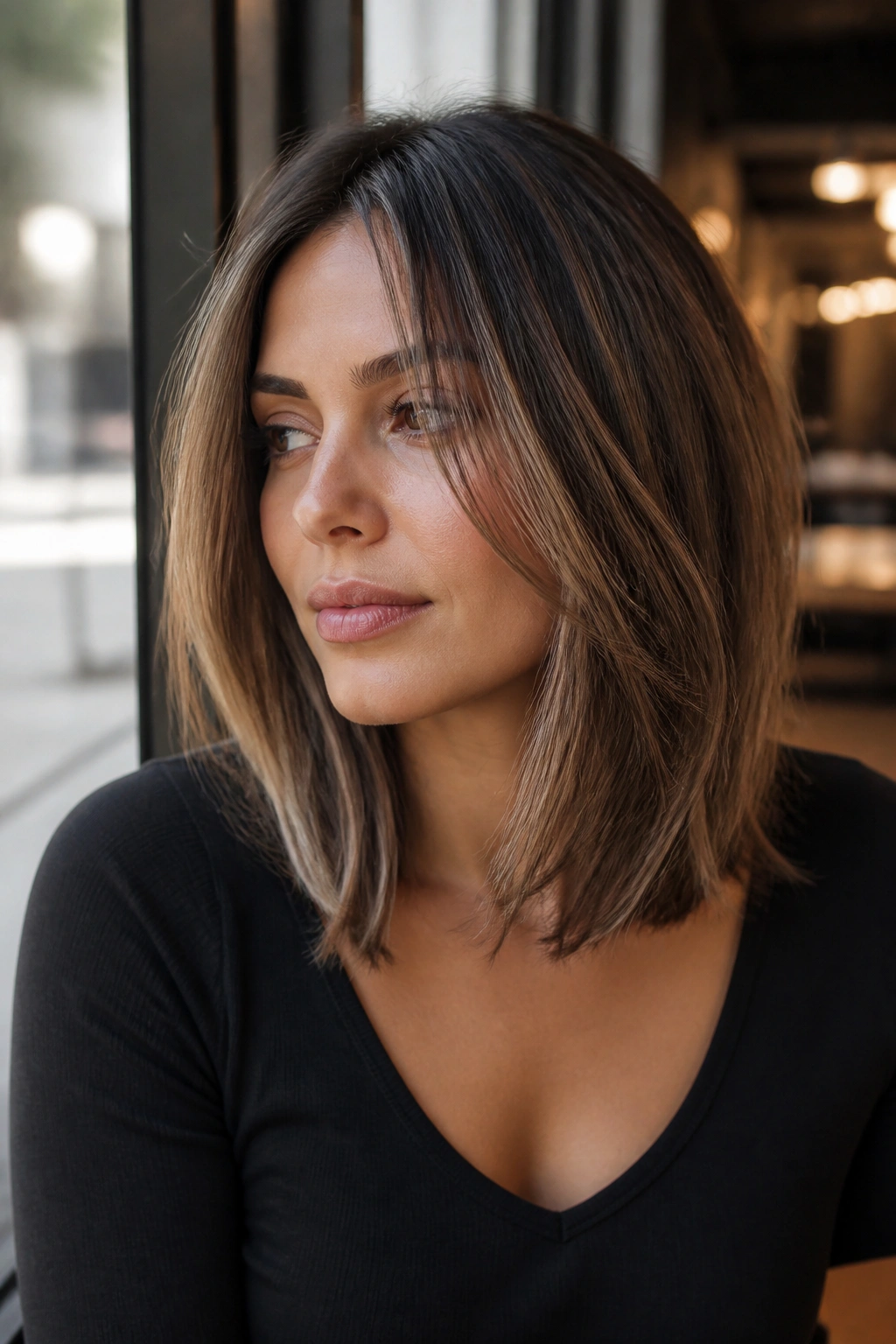Close-up of a real woman with Long Layered Lob and face-framing pieces in cafe light