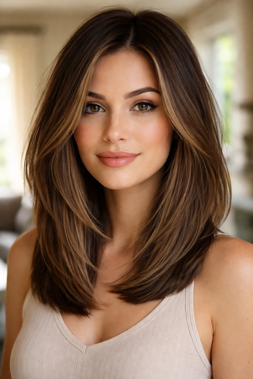 Close-up of a woman with a long layered lob hairstyle, collarbone-length layers in warm window light
