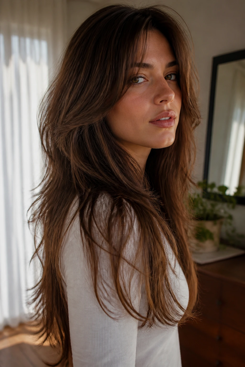 Close-up portrait of a real woman with long layered shag and soft sunlight