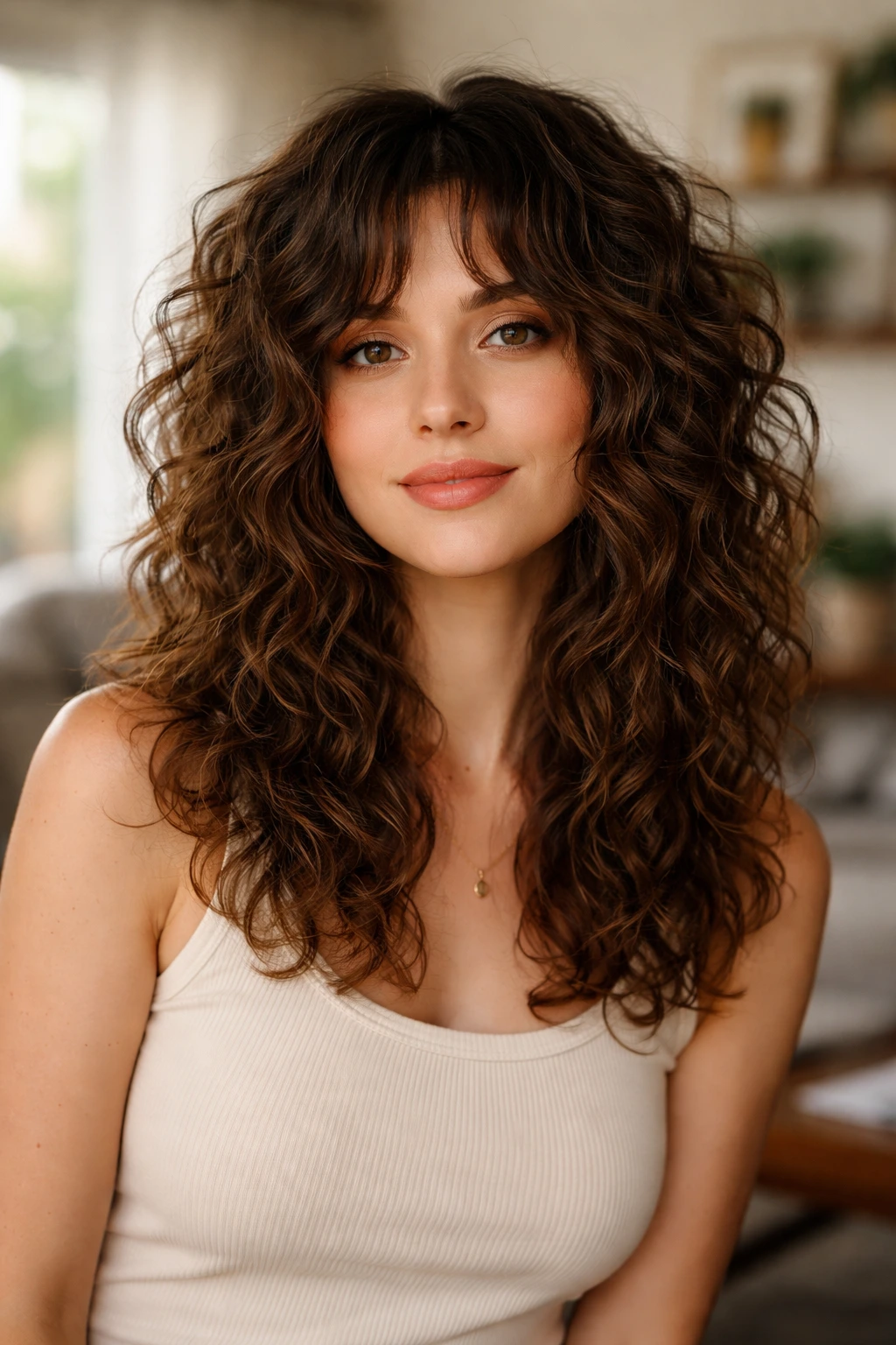 Close-up of a real woman with long layered shag curls.