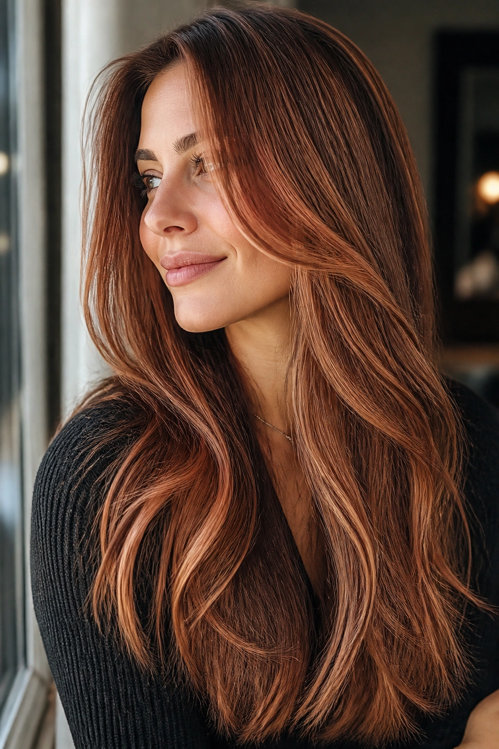 Real woman with long layered hair featuring strawberry sweep balayage