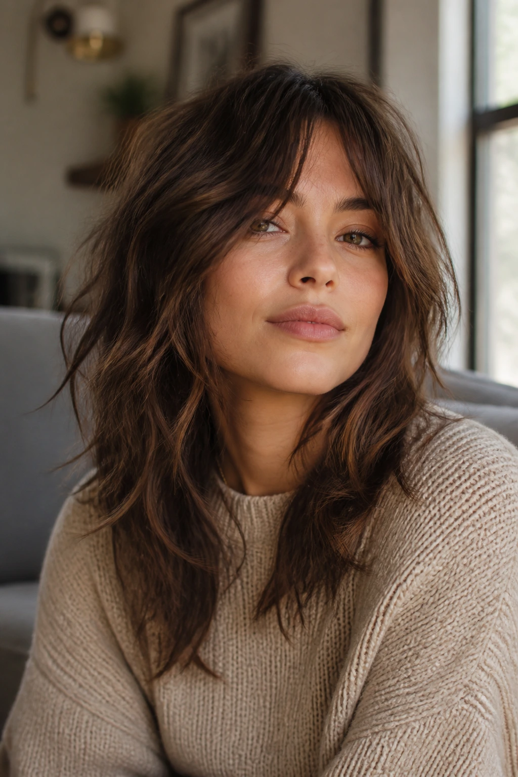 Portrait of a woman with long-layered tousled shag in natural light