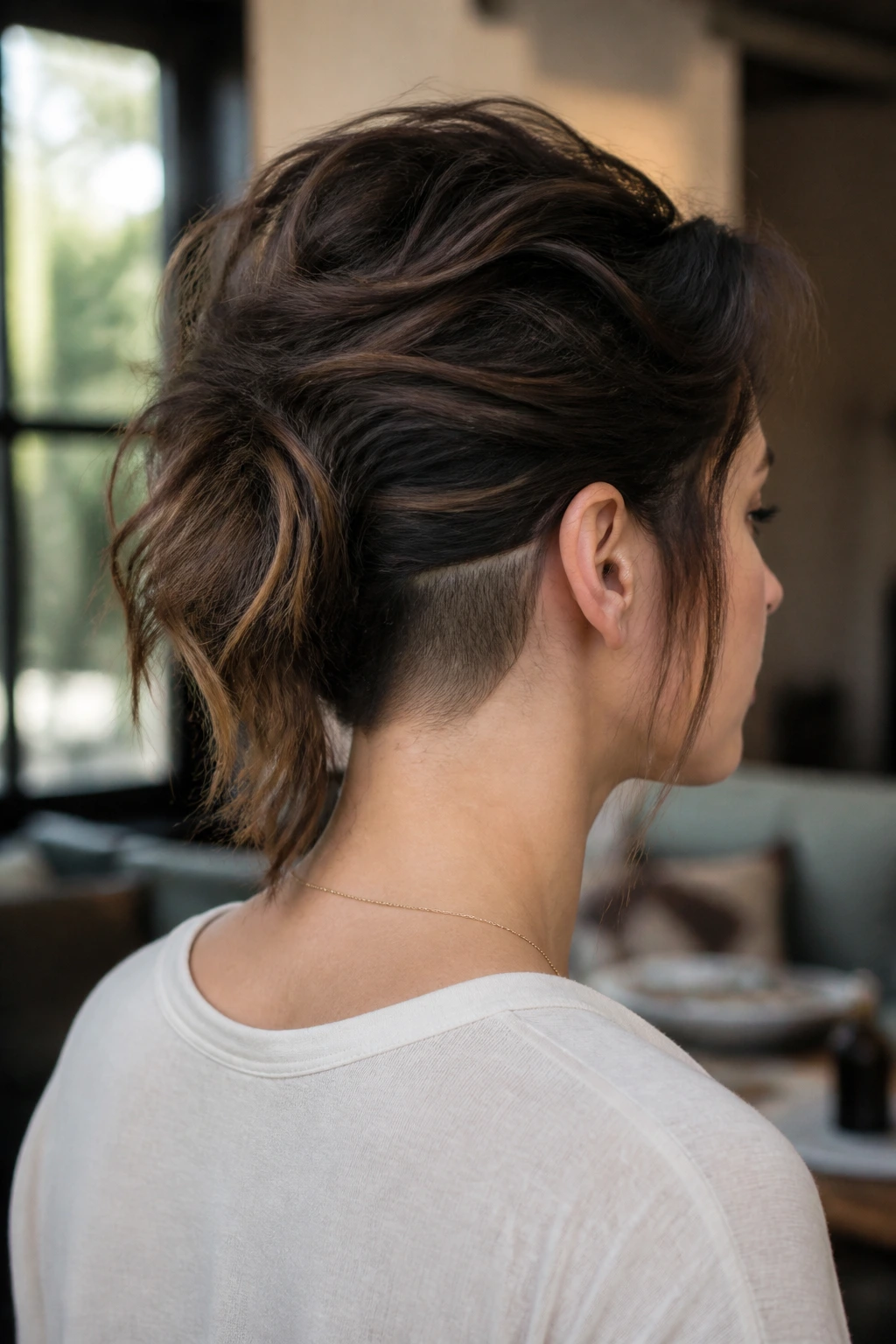 Portrait of a real person with long layered hair and an undercut underneath