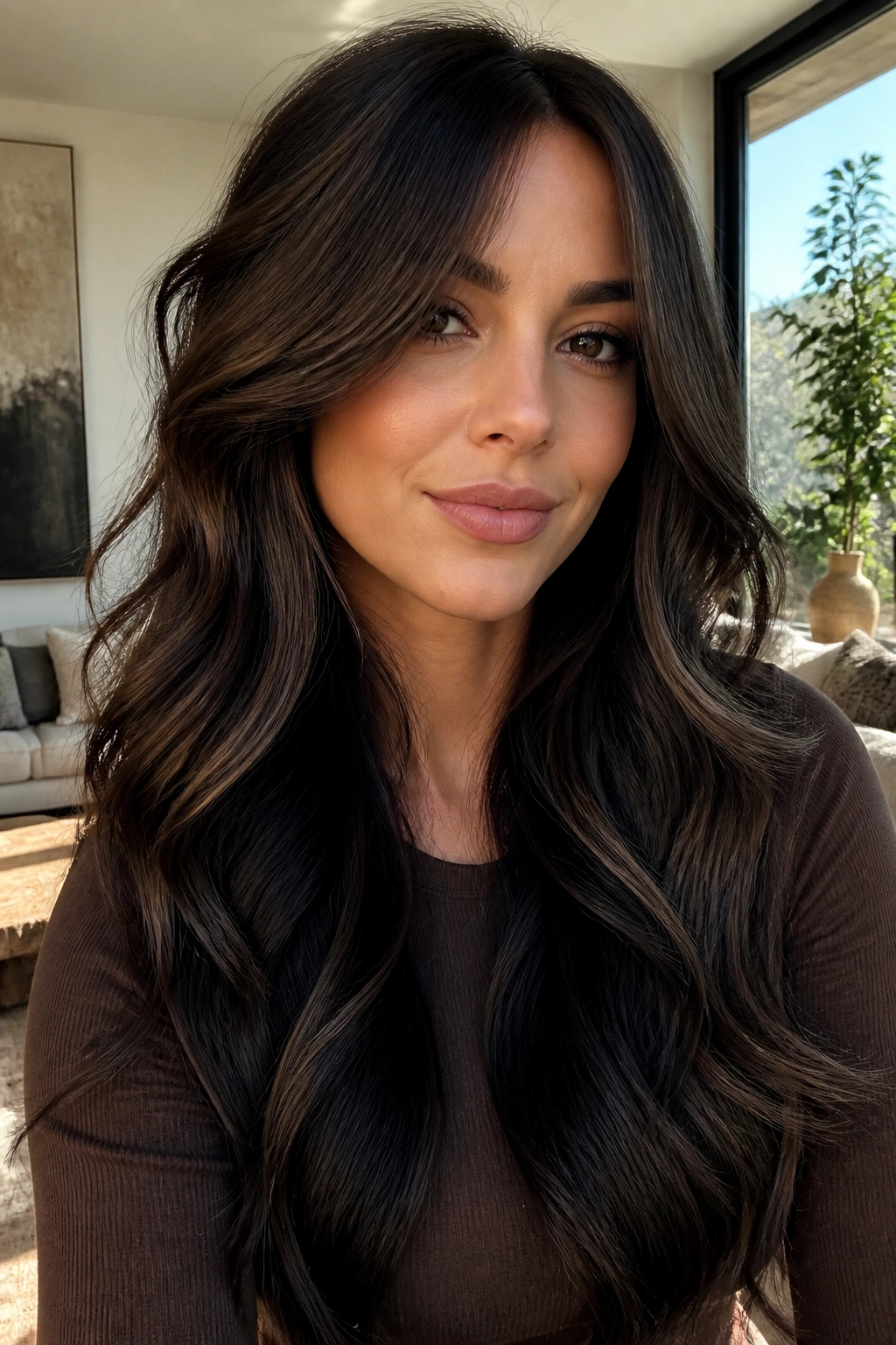Real woman with long layered waves and black contouring around the face.