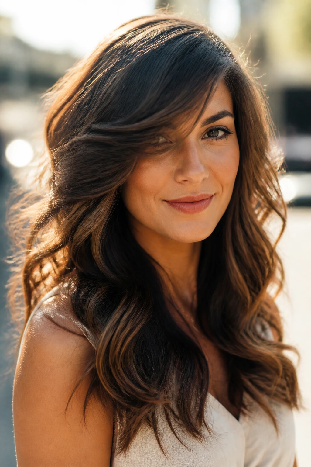 Close-up of long layered waves with a heavy side sweep on a real woman in natural sunlight.