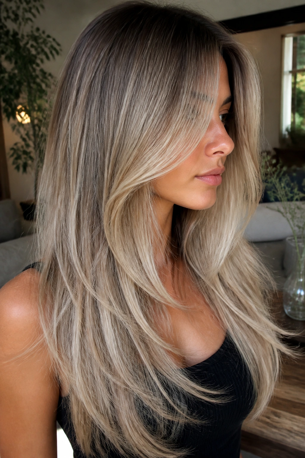 Real person with long layered ash fade hair.