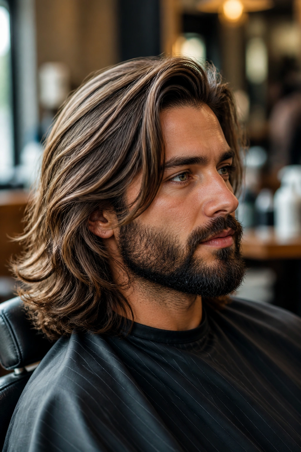 Close-up portrait of a man with long layered hair and a beard blend in a warm salon.