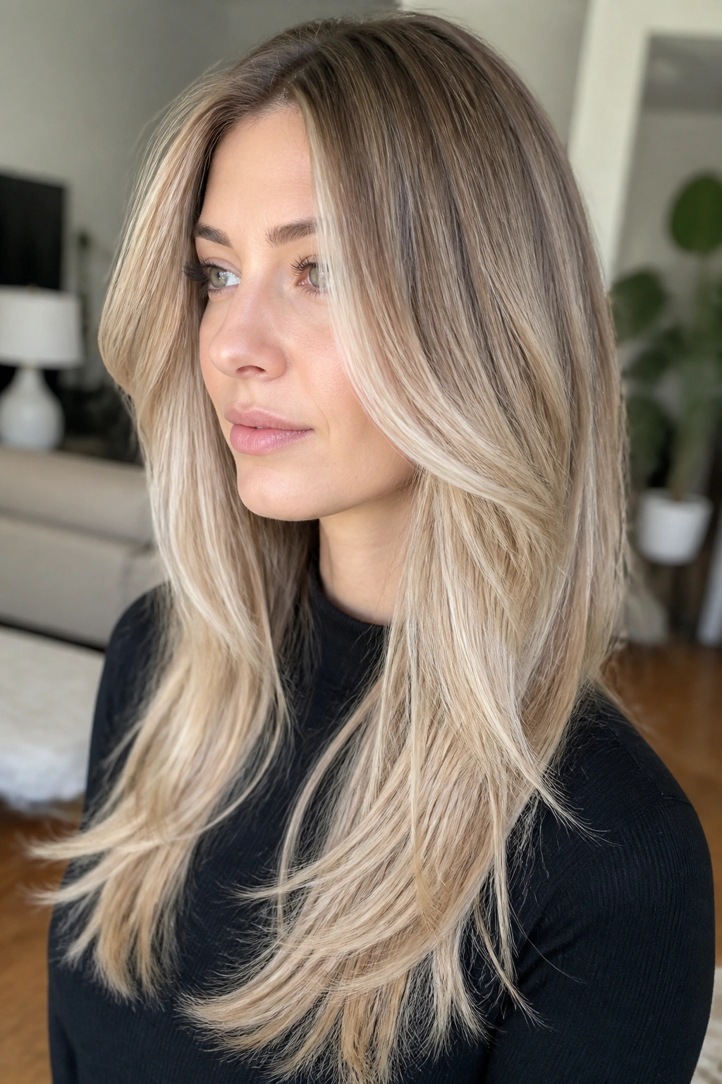 Real woman with beige blonde balayage and long layers