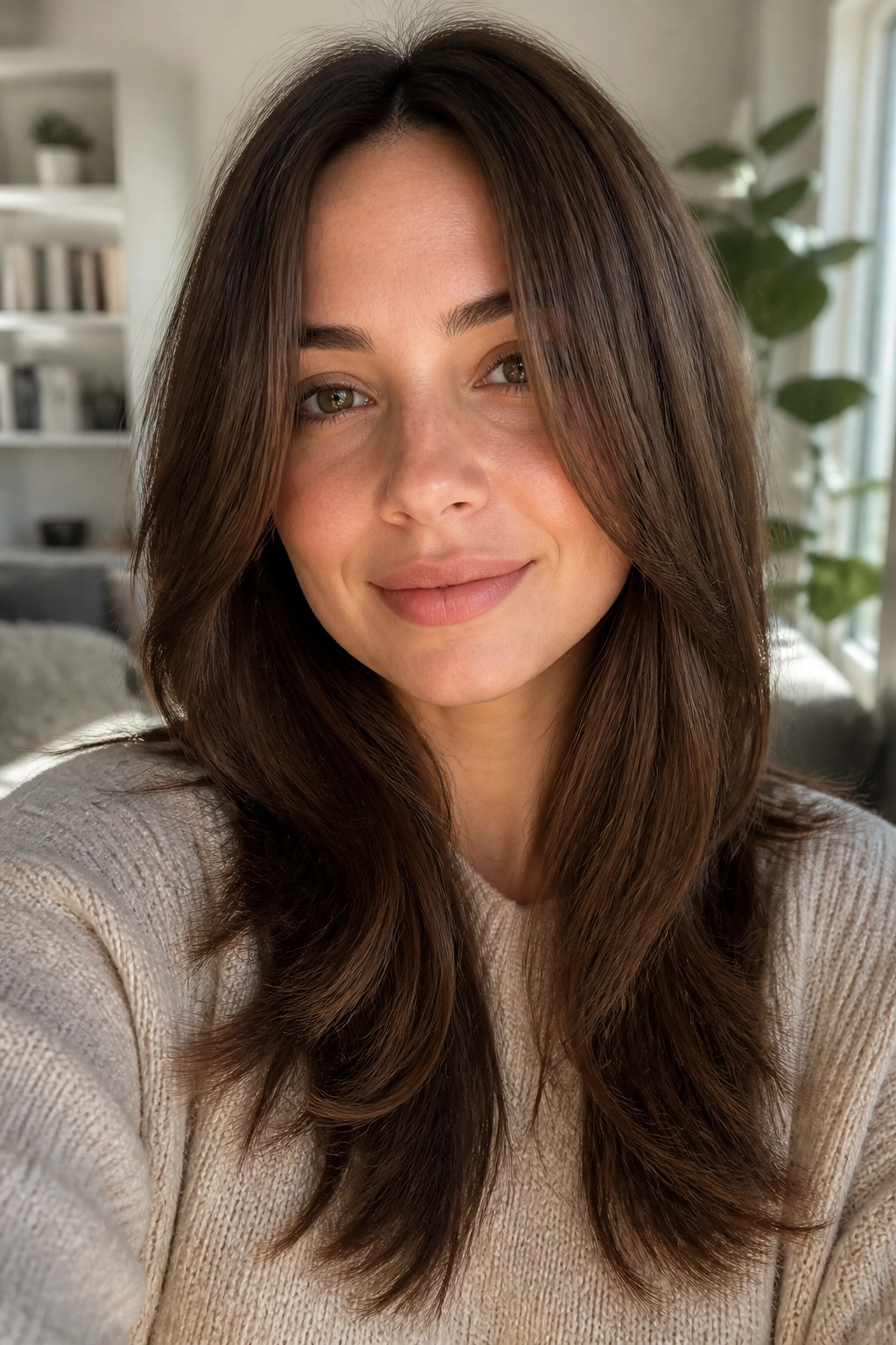 Close-up of a real woman with long layers starting below the chin in a cozy home setting
