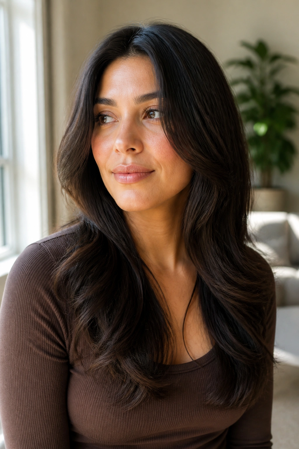 Close-up portrait of a real woman with long layered hair starting below the chin in natural daylight.