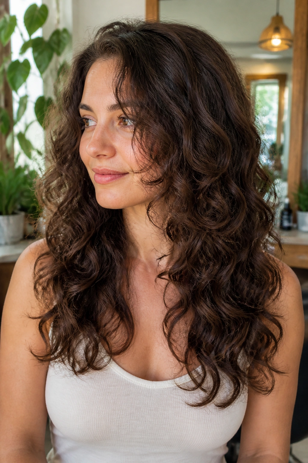 Medium close-up of a real woman with long layered hair starting below the chin in a bright salon