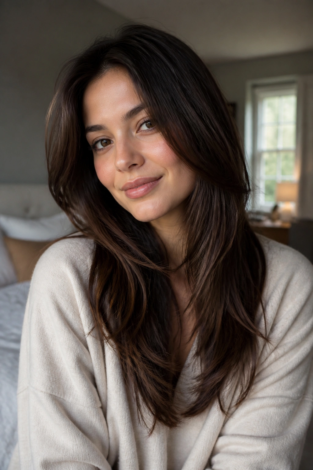 Close-up of a real woman with long layers starting below the chin, framing the face