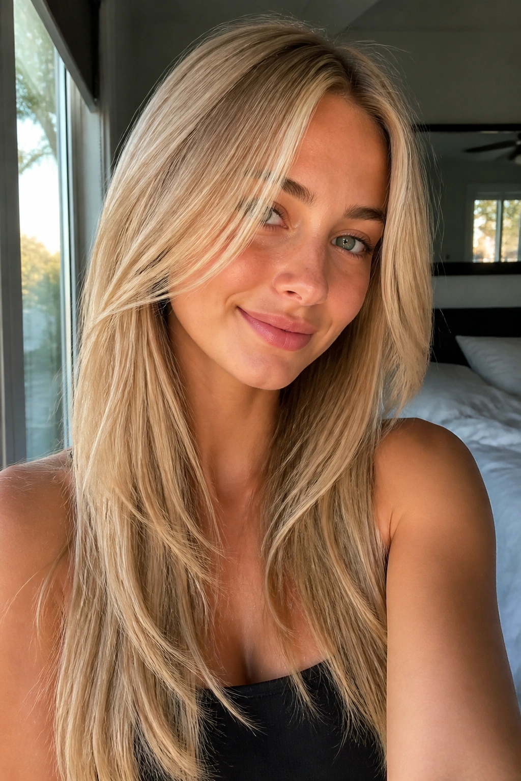 Close-up of a real woman with long face-framing layers in straight blonde hair, natural window light