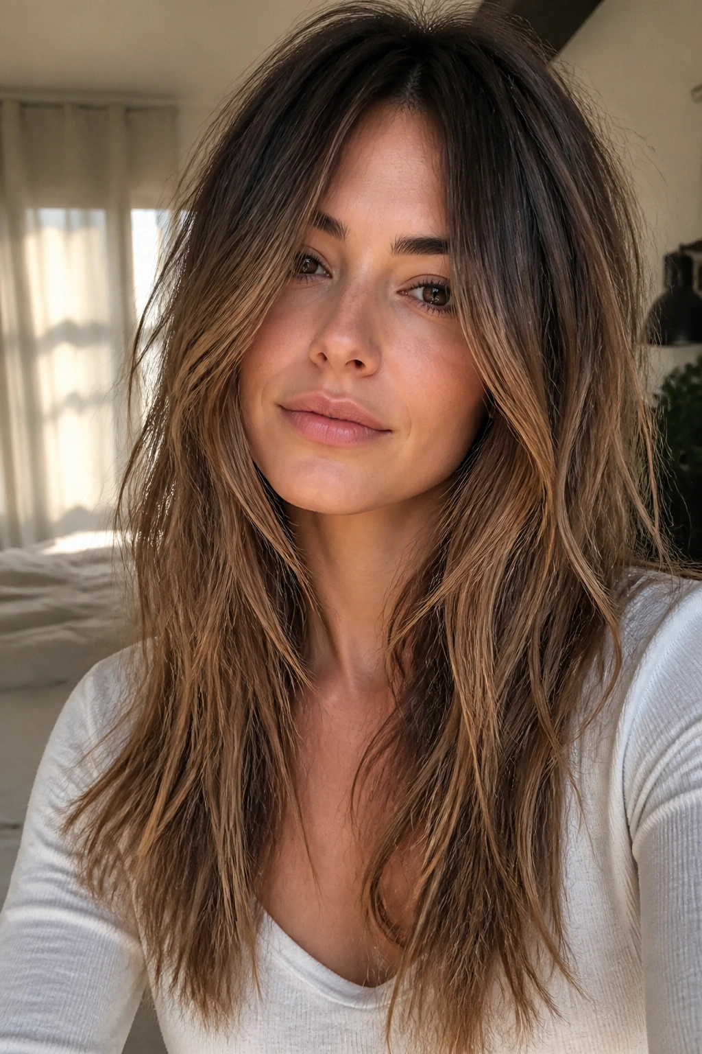 Real woman with long layers and broken-up ends in cozy bedroom light