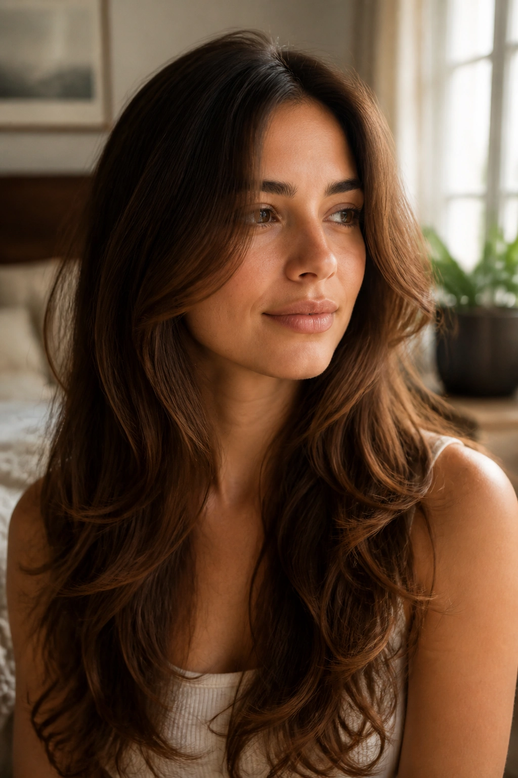 Close-up portrait of a woman with long brown layered hair starting below the chin.