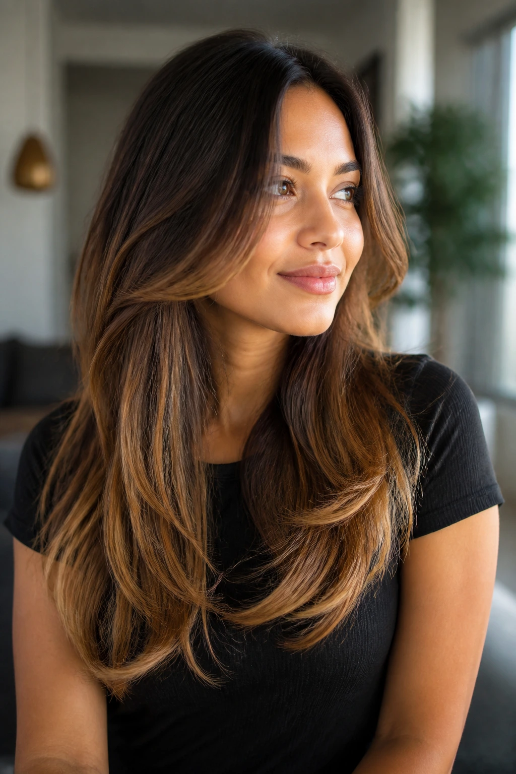 Medium close-up of long layered hair with buttery caramel ends on a real person