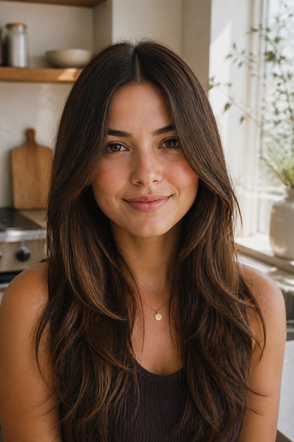 Close-up portrait of a woman with long layers and center part in warm brunette tones.