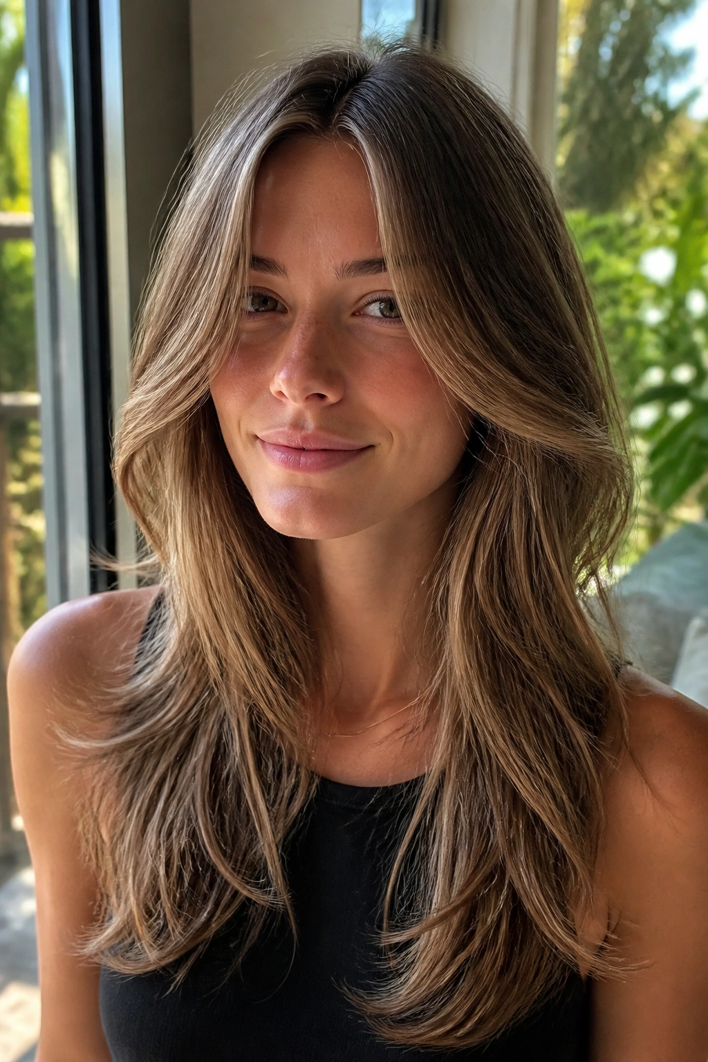 Close-up of a real person with long layers and a center part.