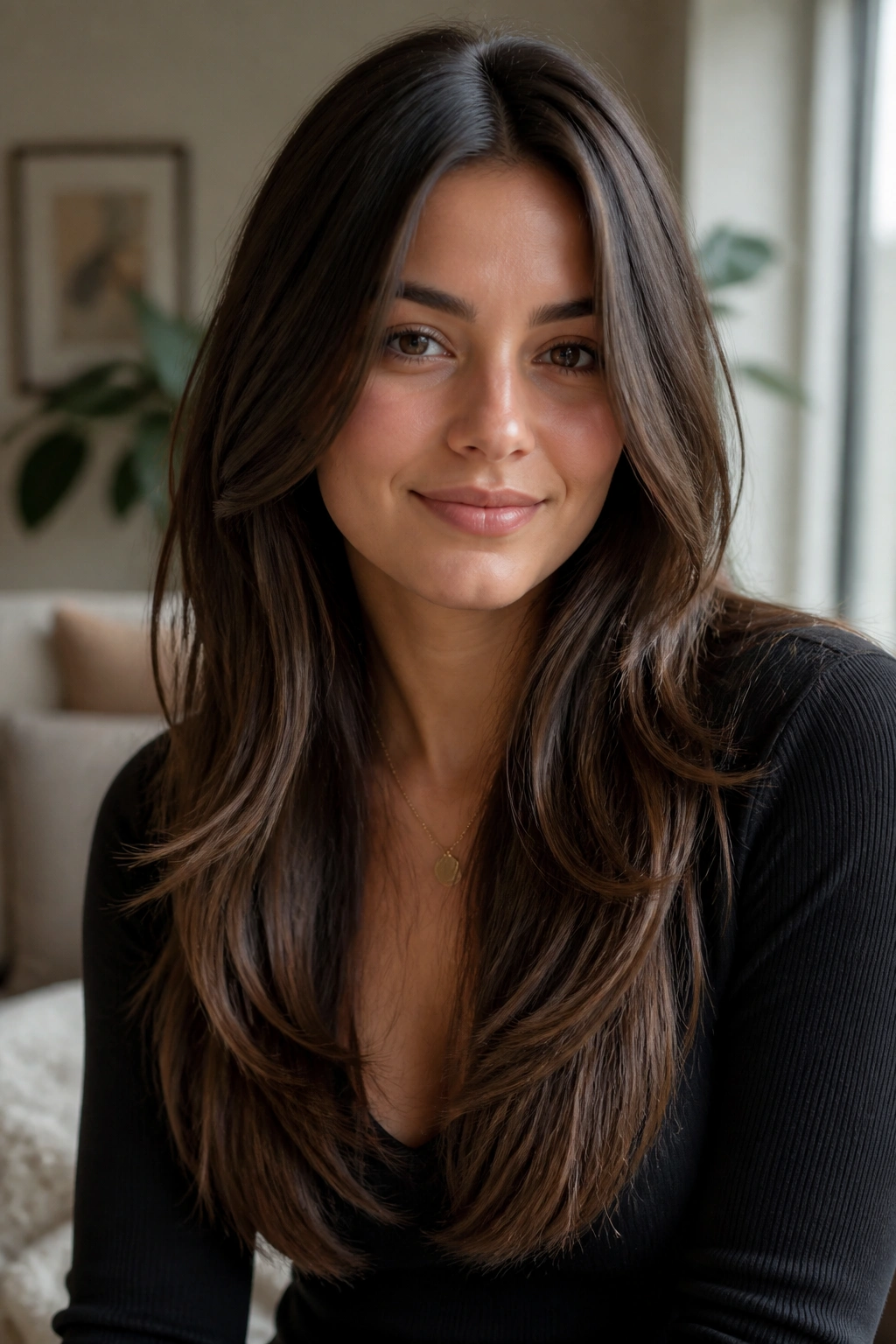 Close-up of a real woman with long layered hair and a center part, soft window light in a cozy room.