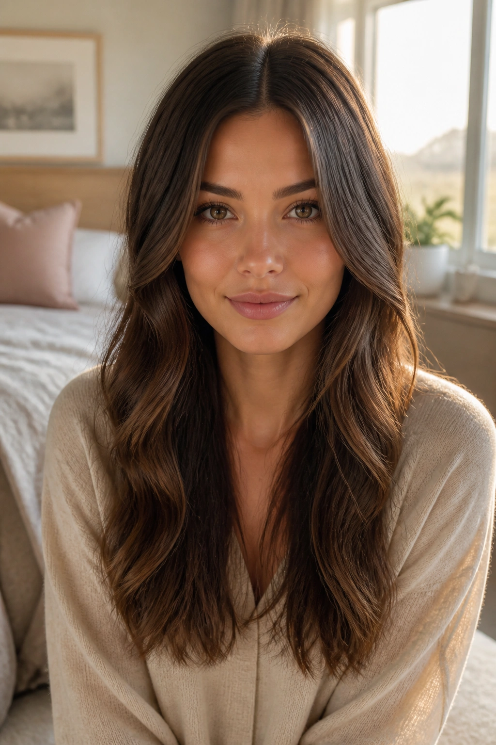 Close-up of a real woman with long layered hair and center part, soft waves.
