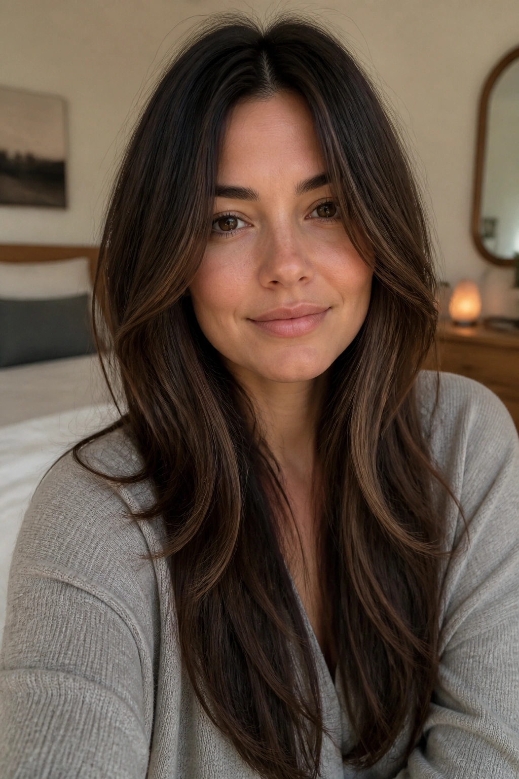 Close-up portrait of a real woman with long layered hair and center part in warm window light