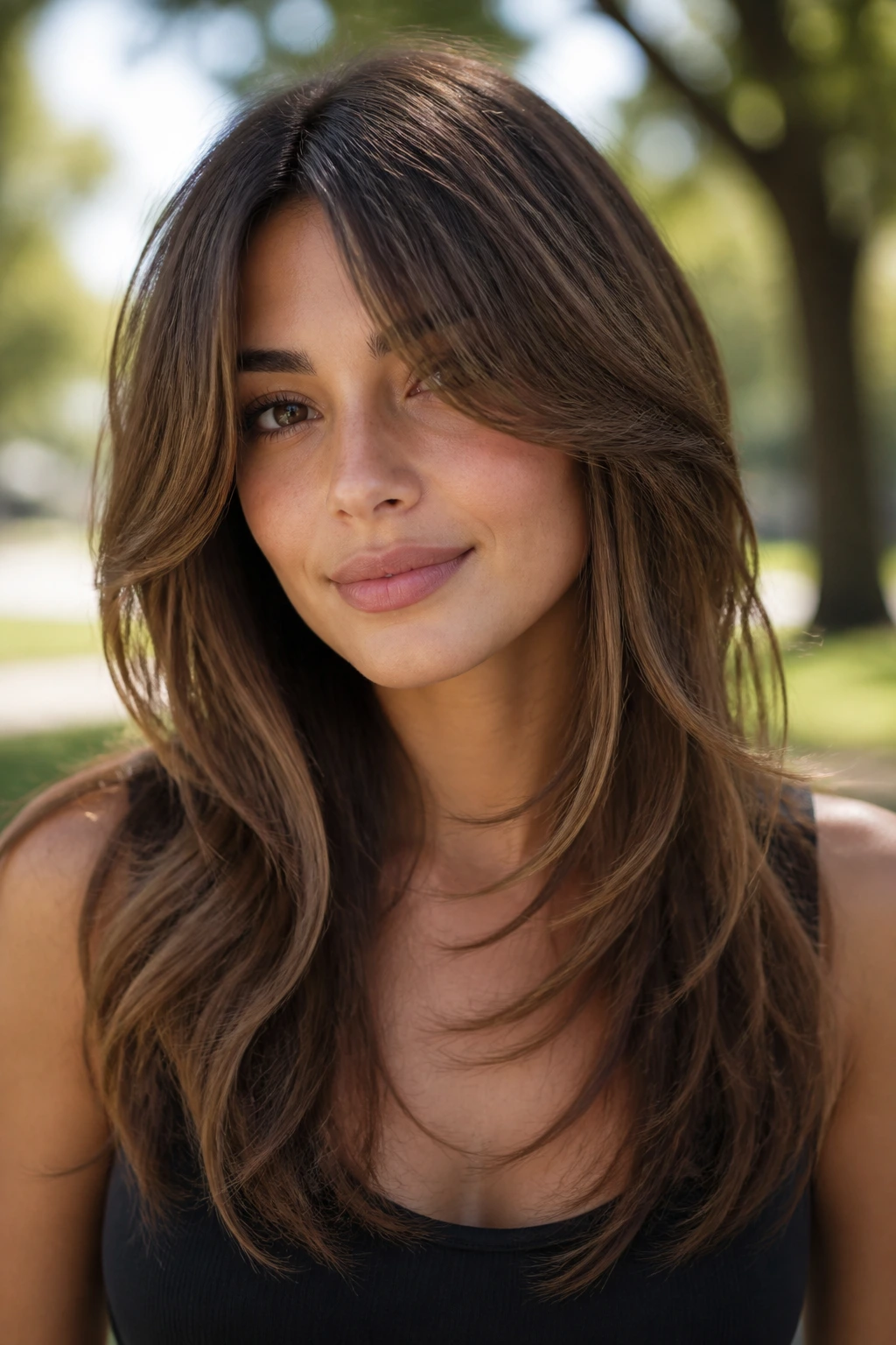 Close-up of a real woman with long layers and cheekbone fringe