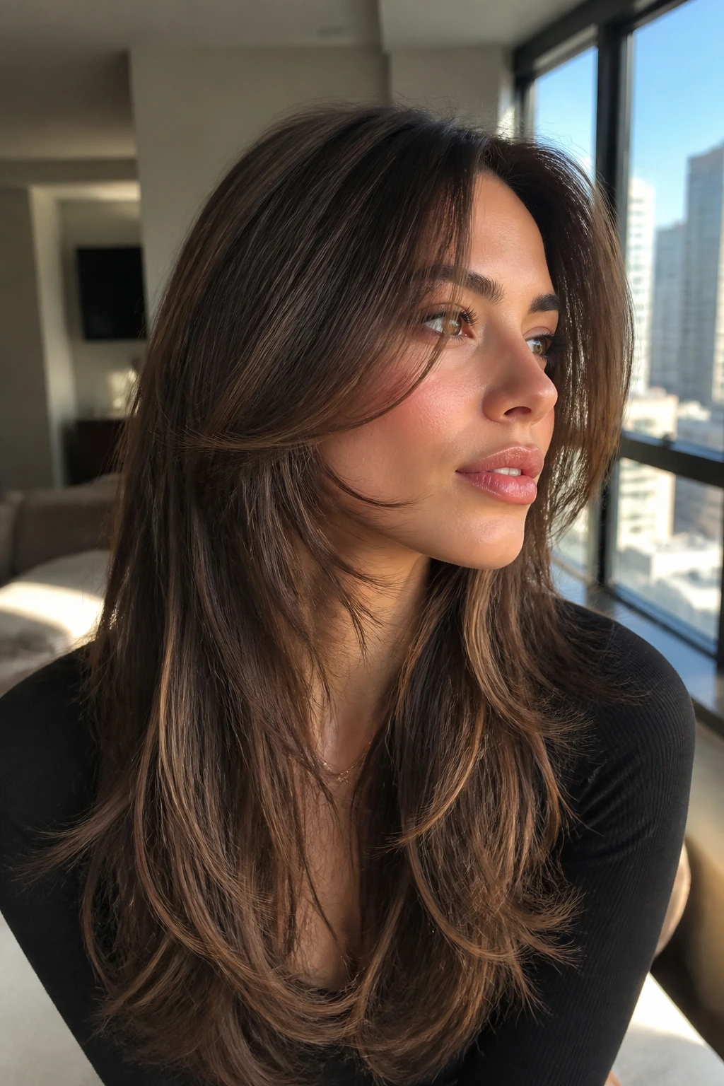 Portrait of a real person with long layers and cheekbone ribbons in window light