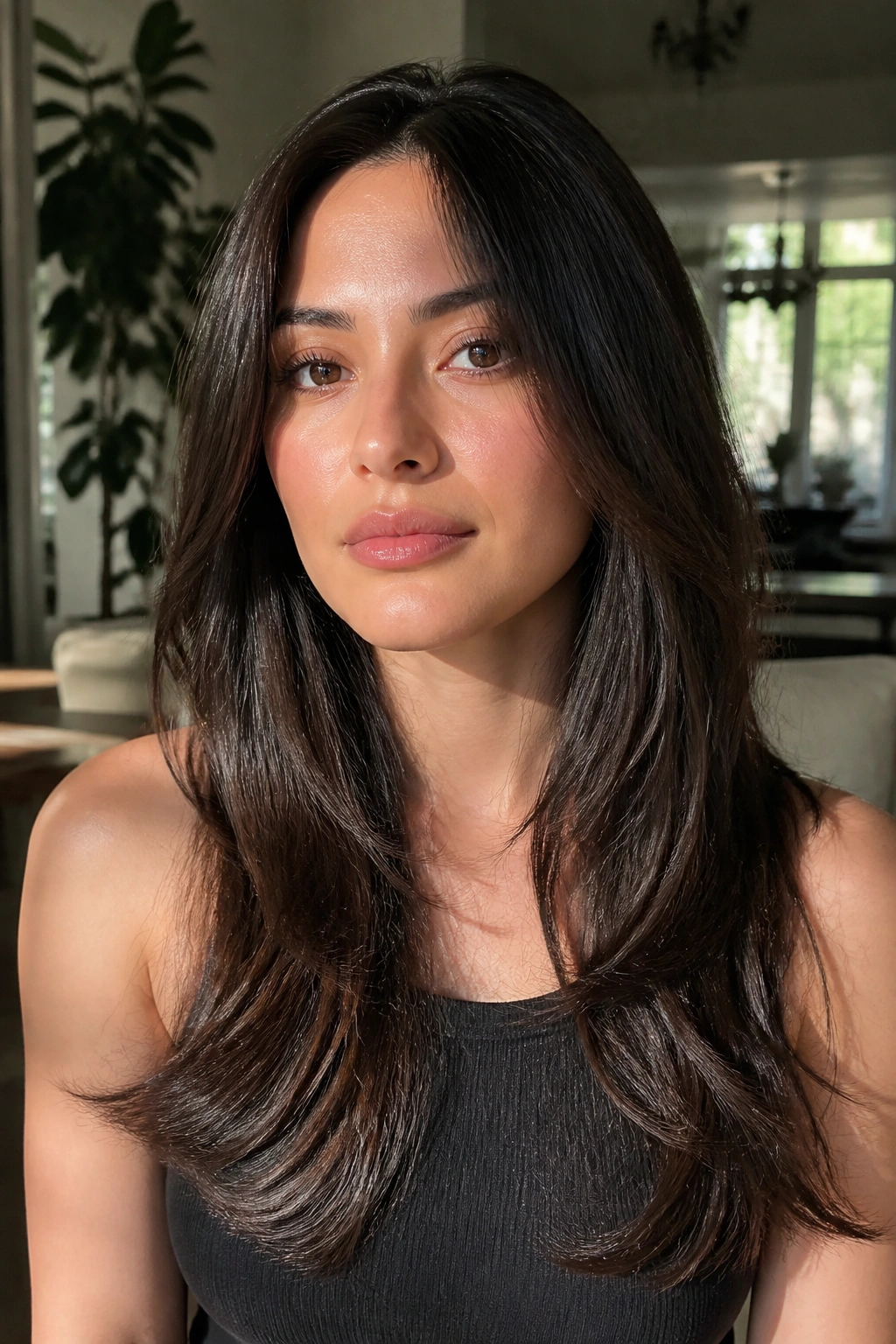 Close-up of a real woman with long layers starting below the cheekbones