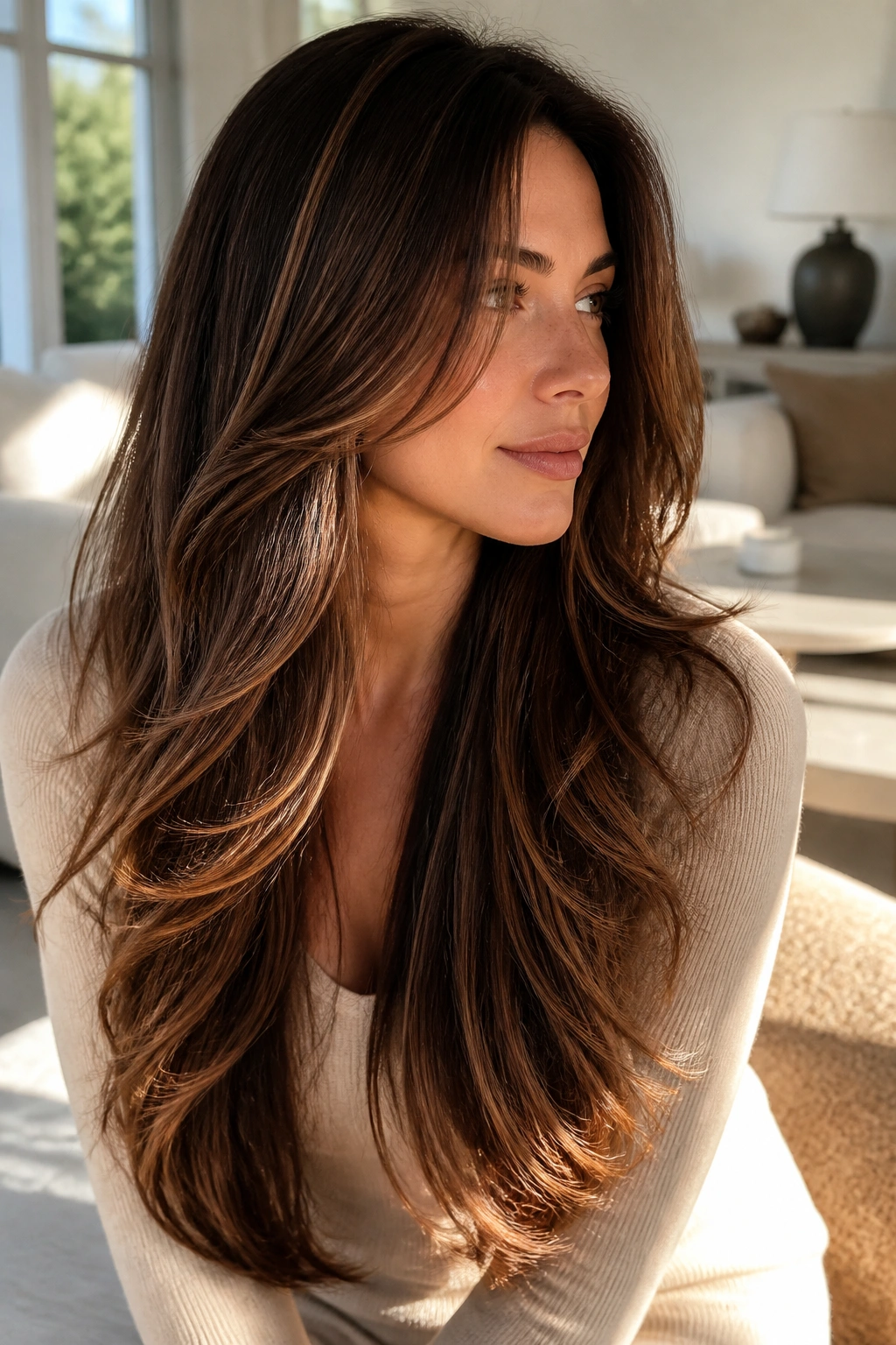 Long brown hair with chestnut ribbons following layered cut
