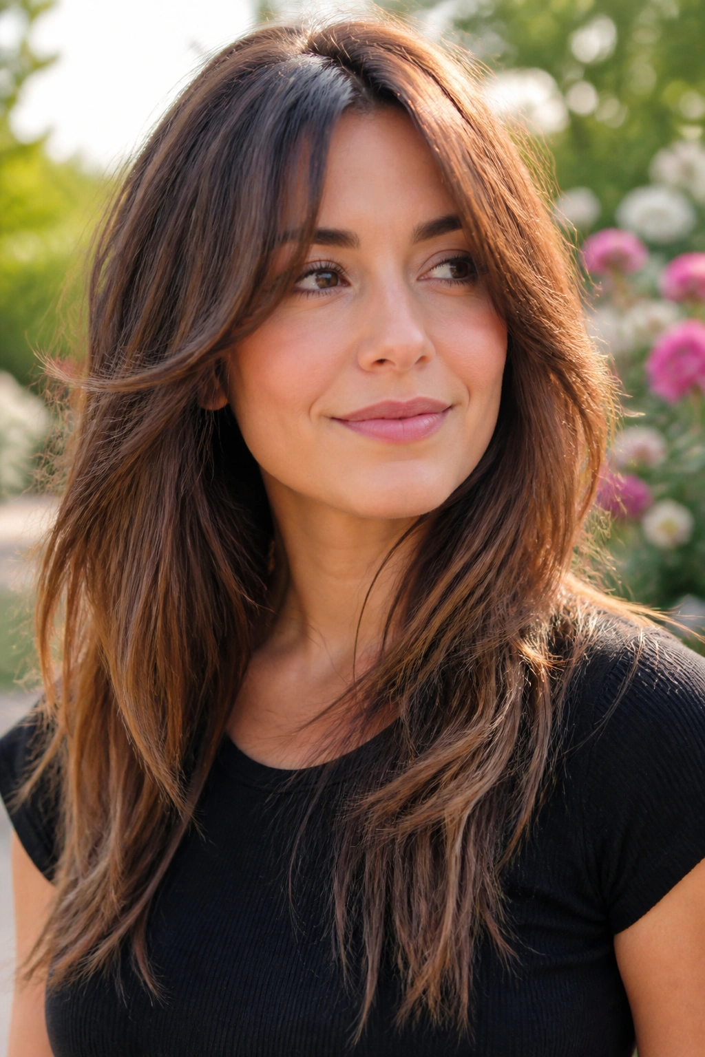 Close-up portrait of a real woman with long layers and choppy ends