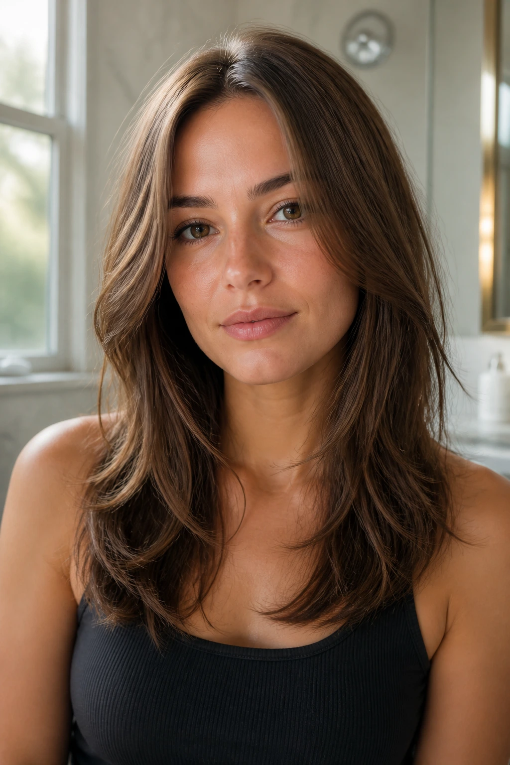 Close-up of long layers below the collarbone on a real woman in warm light