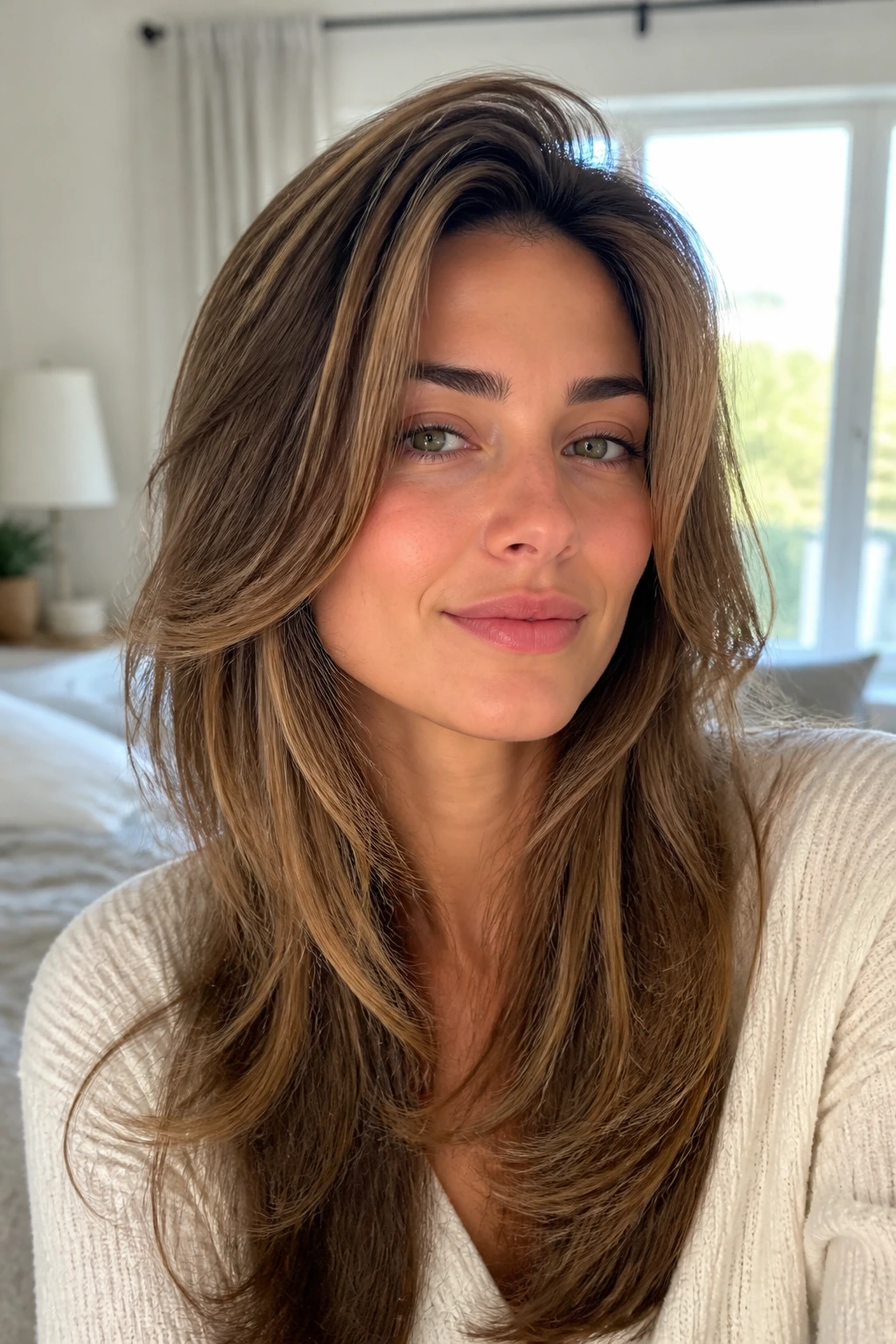 Real woman with long layers and crown lift in bright bedroom lighting