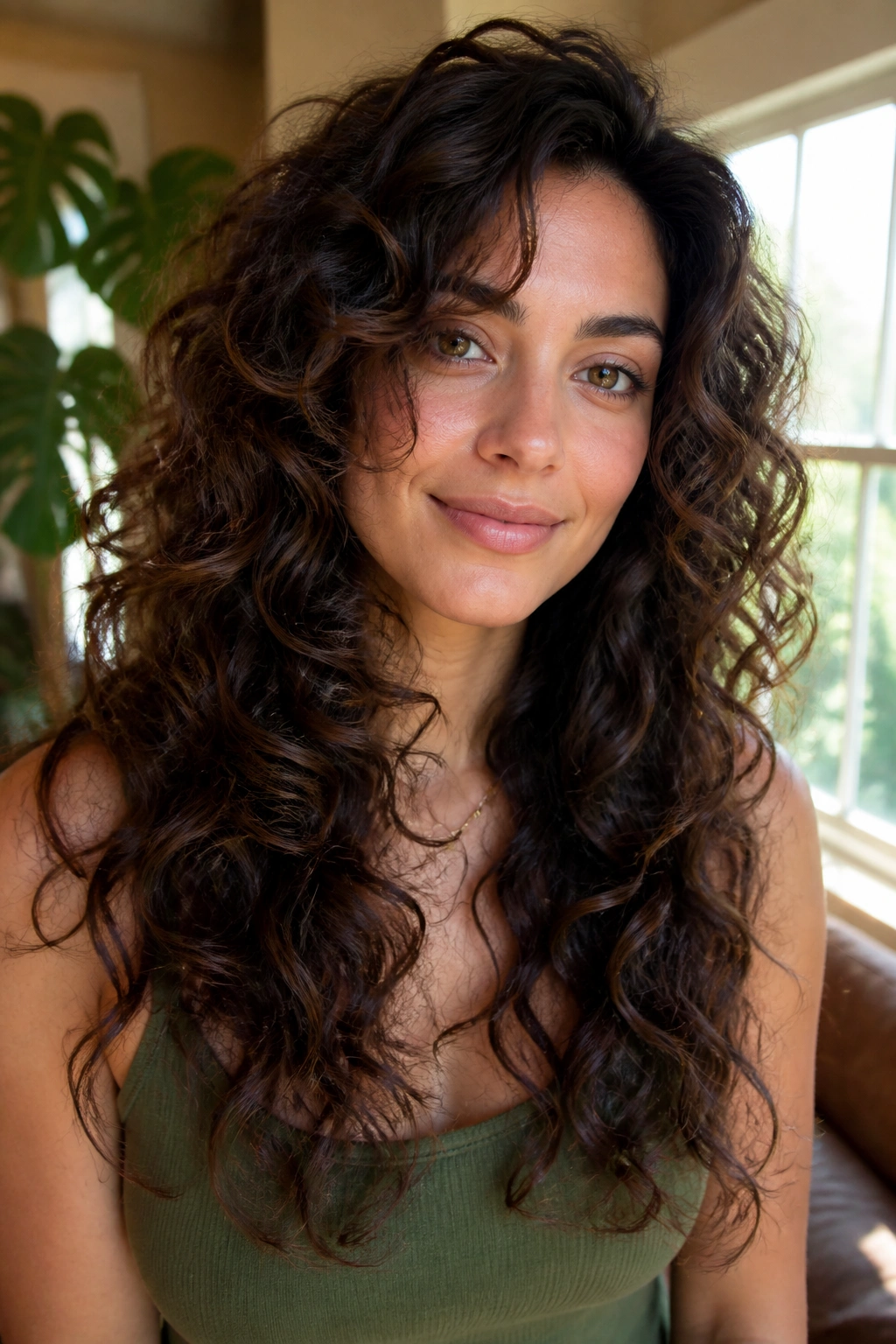 Close-up of a real woman with long, blended layers in curly hair.
