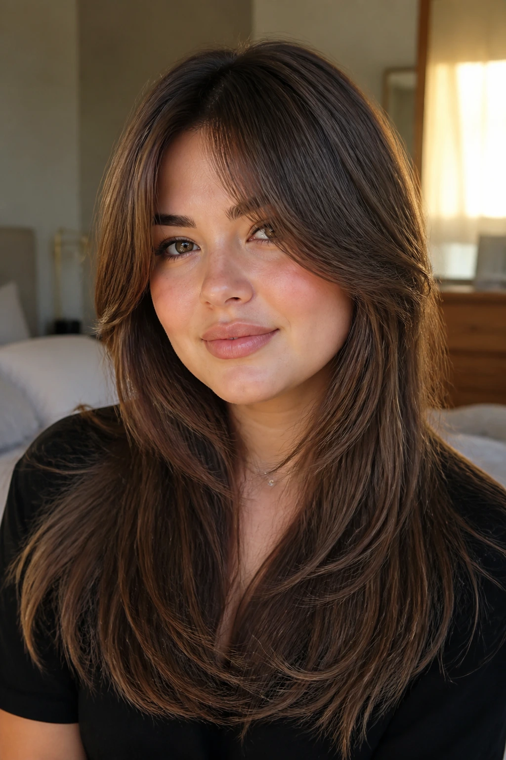 Close-up of a real woman with long layers and curtain bangs framing the eyes
