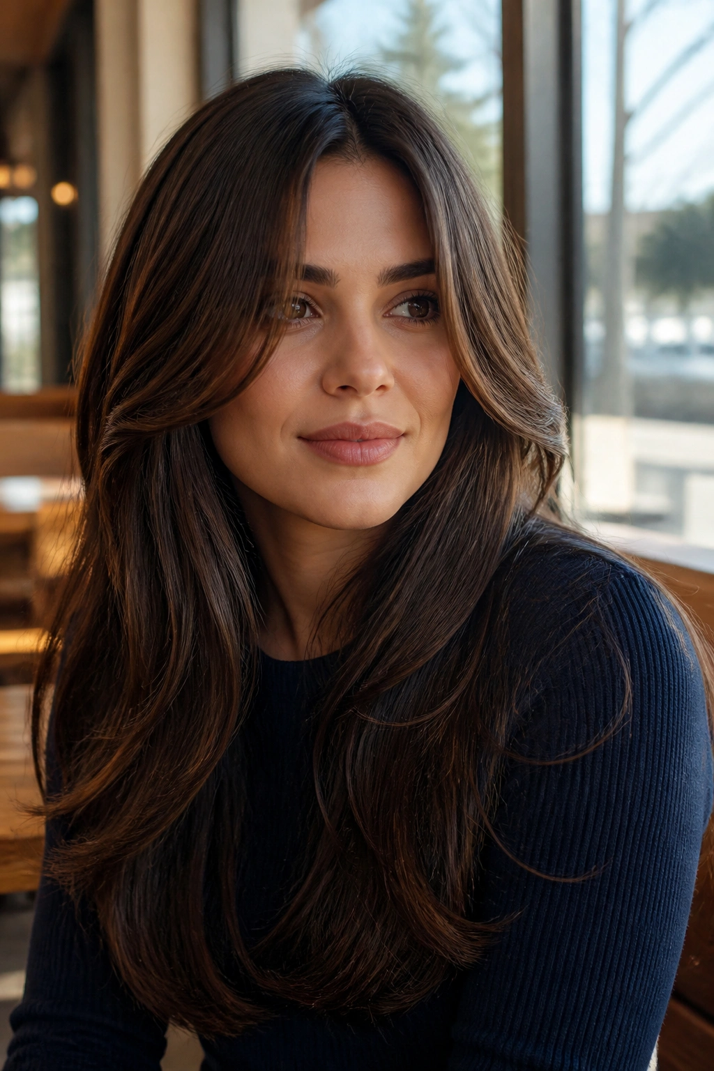 Close-up of long layers and curtain bangs in chocolate brown hair on a real woman