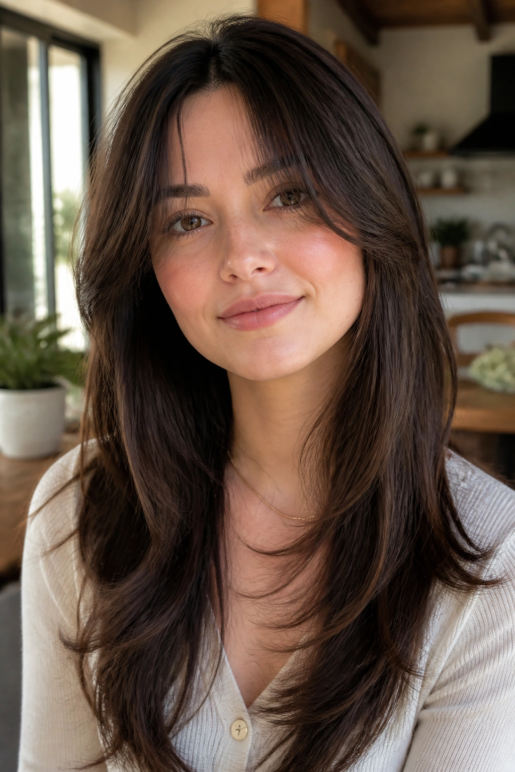 Close-up of a woman with long layered hair and curtain bangs framing her face, warm window light.