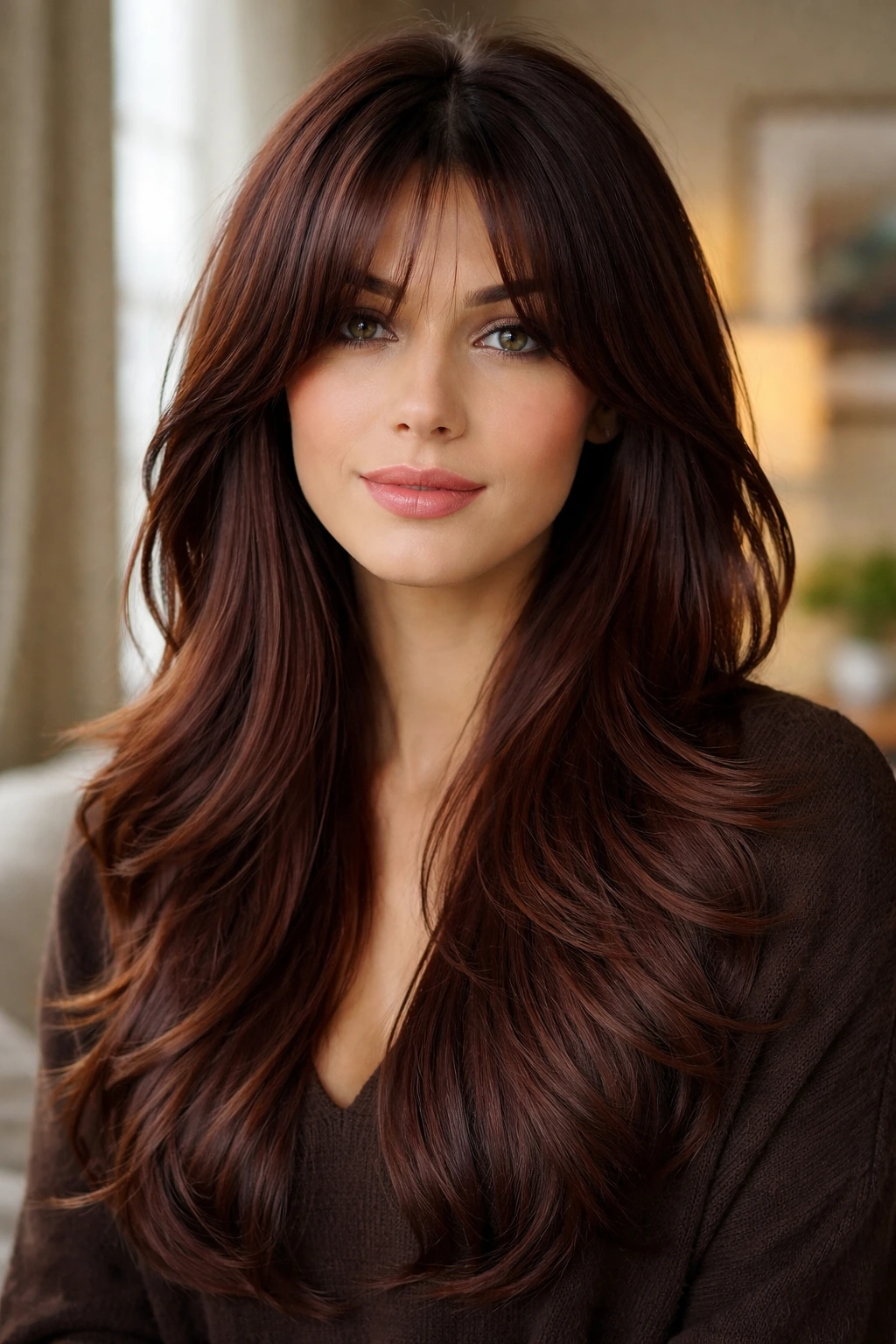 Portrait of a real woman with long layered mahogany hair and curtain bangs in soft window light