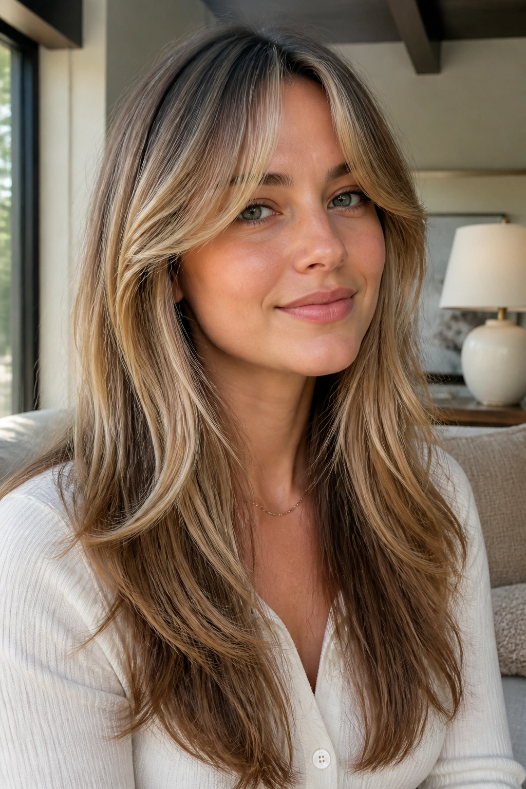 Real person portrait with long layers and curtain bangs in a cozy living room