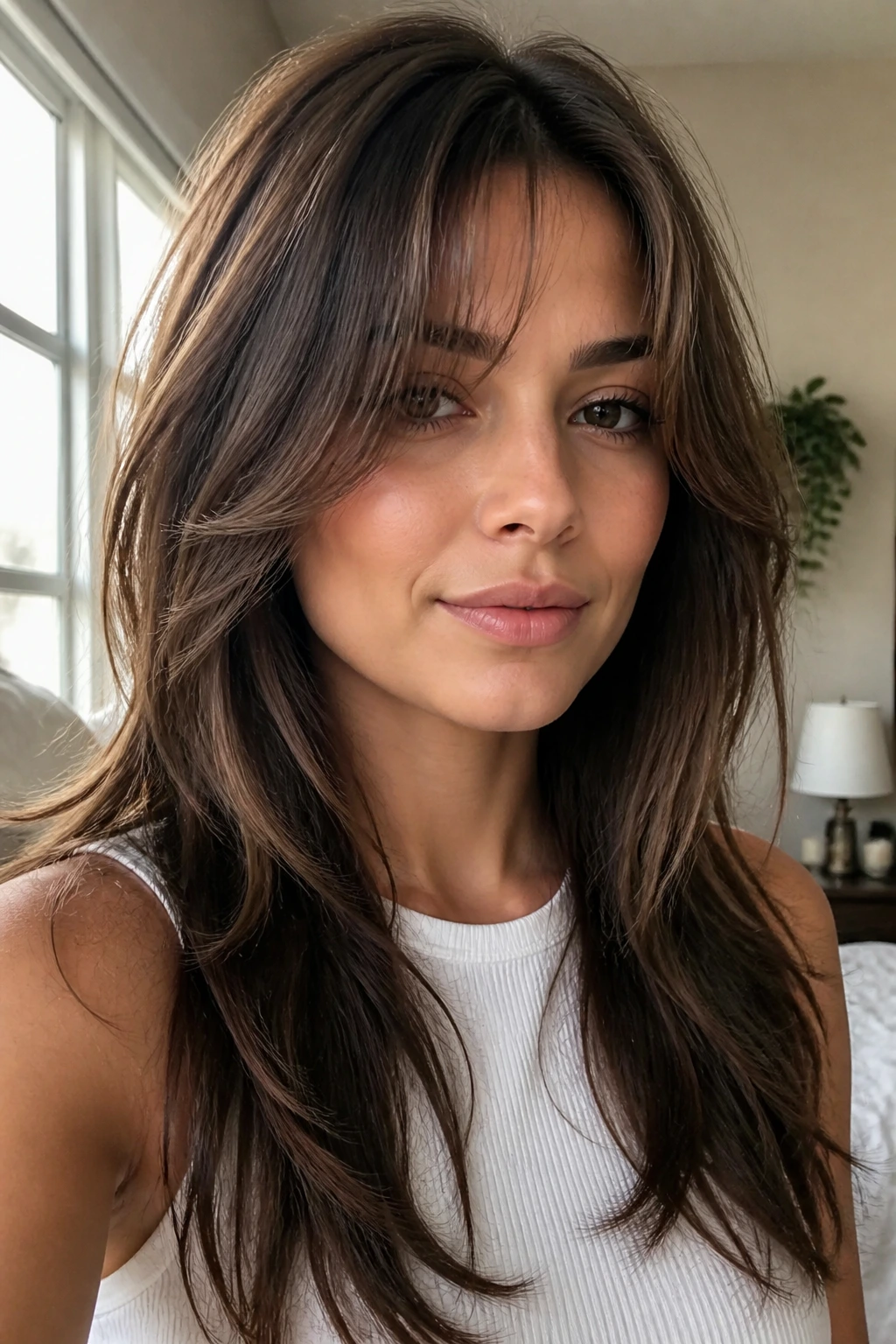 Close-up of long layered hair with curtain bangs on a real person.