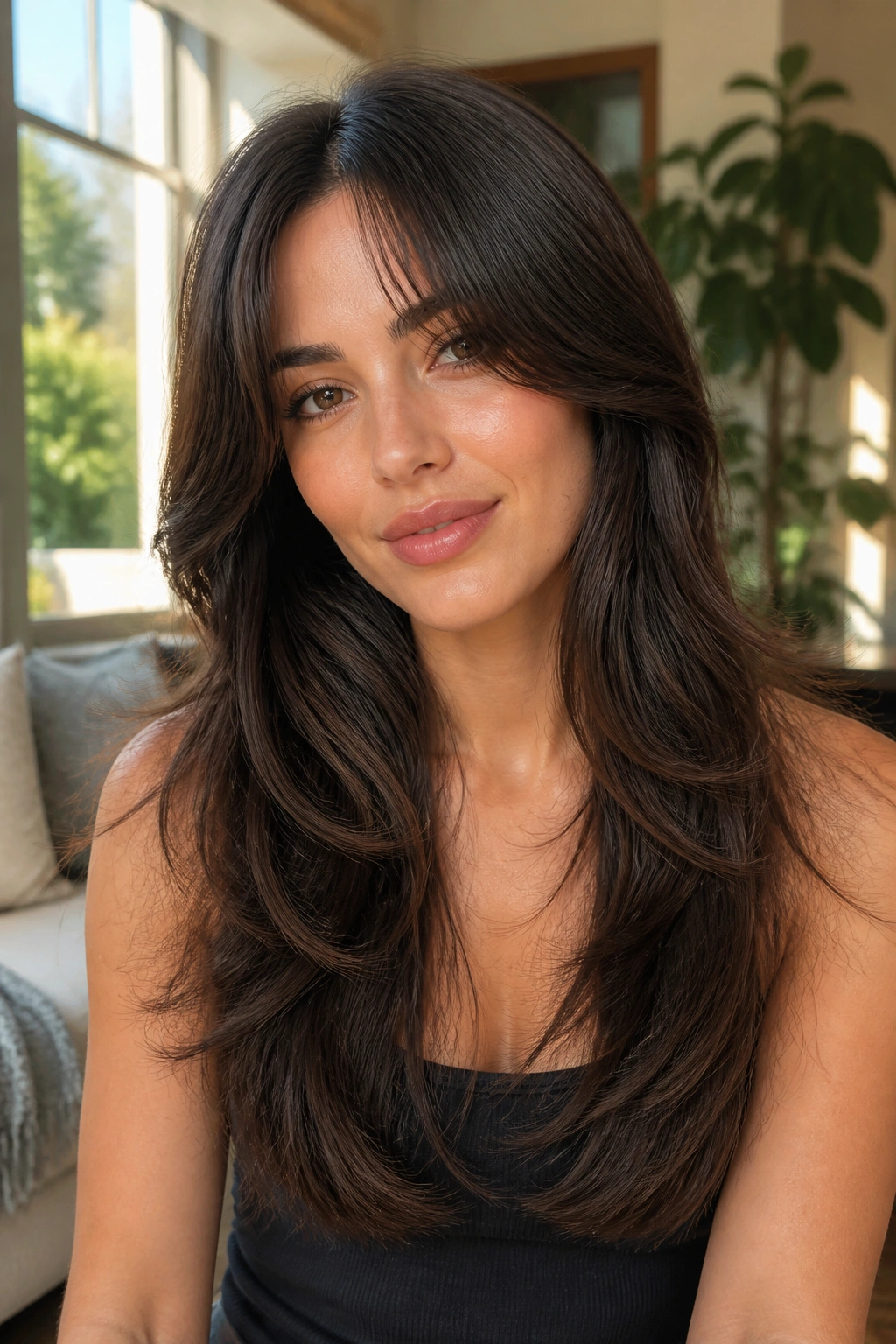 Real woman with long layered hair and curtain bangs in warm window light