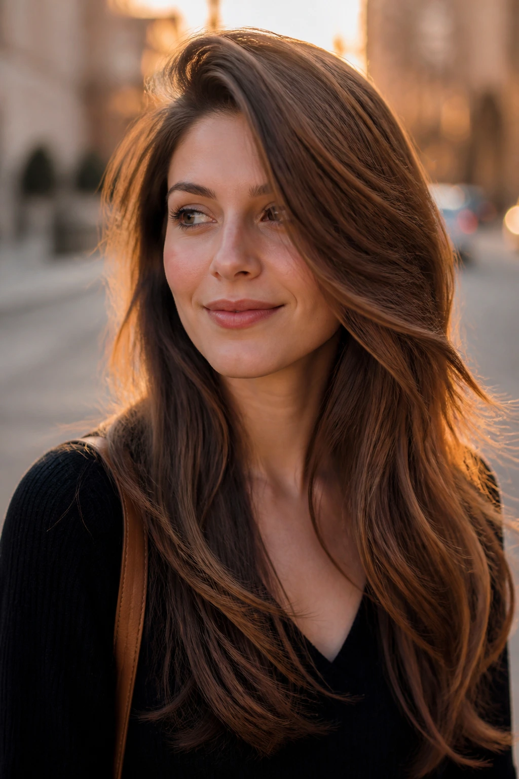 Portrait of a woman with long layers and a deep side part