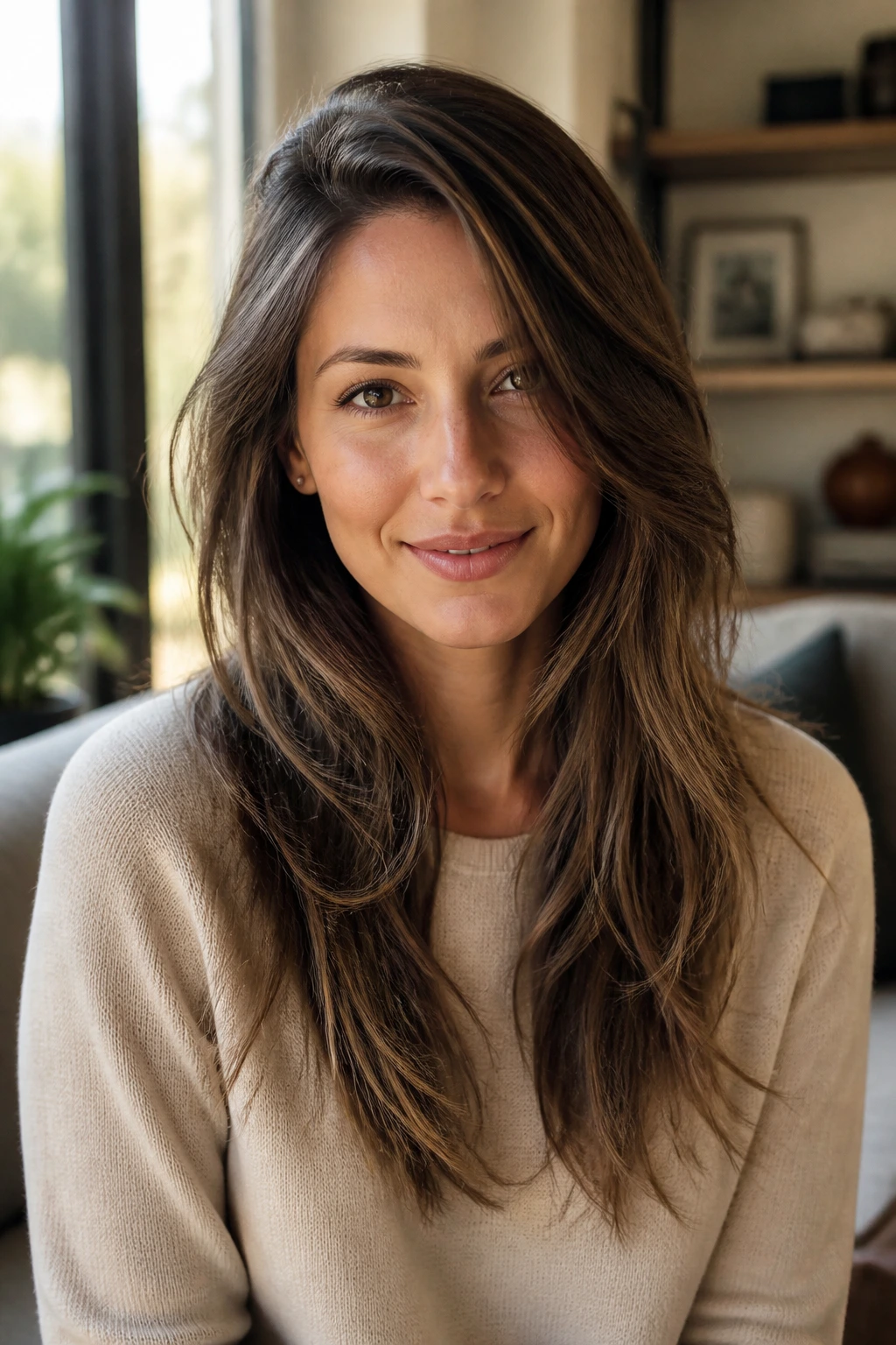 Close-up of a woman with long layered hair and a deep side part in warm window light.