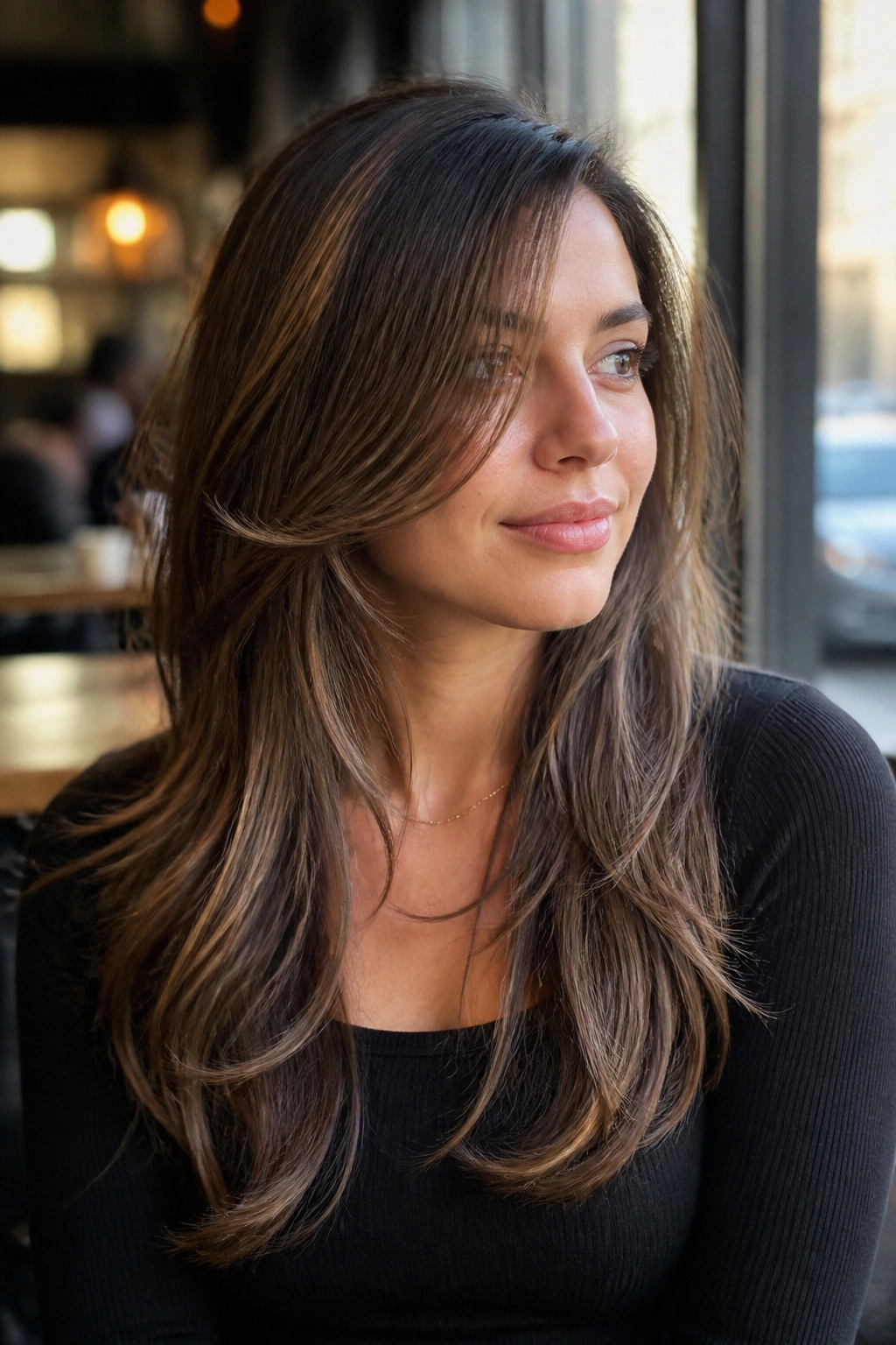 Medium close-up of a woman with long layered hair and diagonal face frame in cafe light.