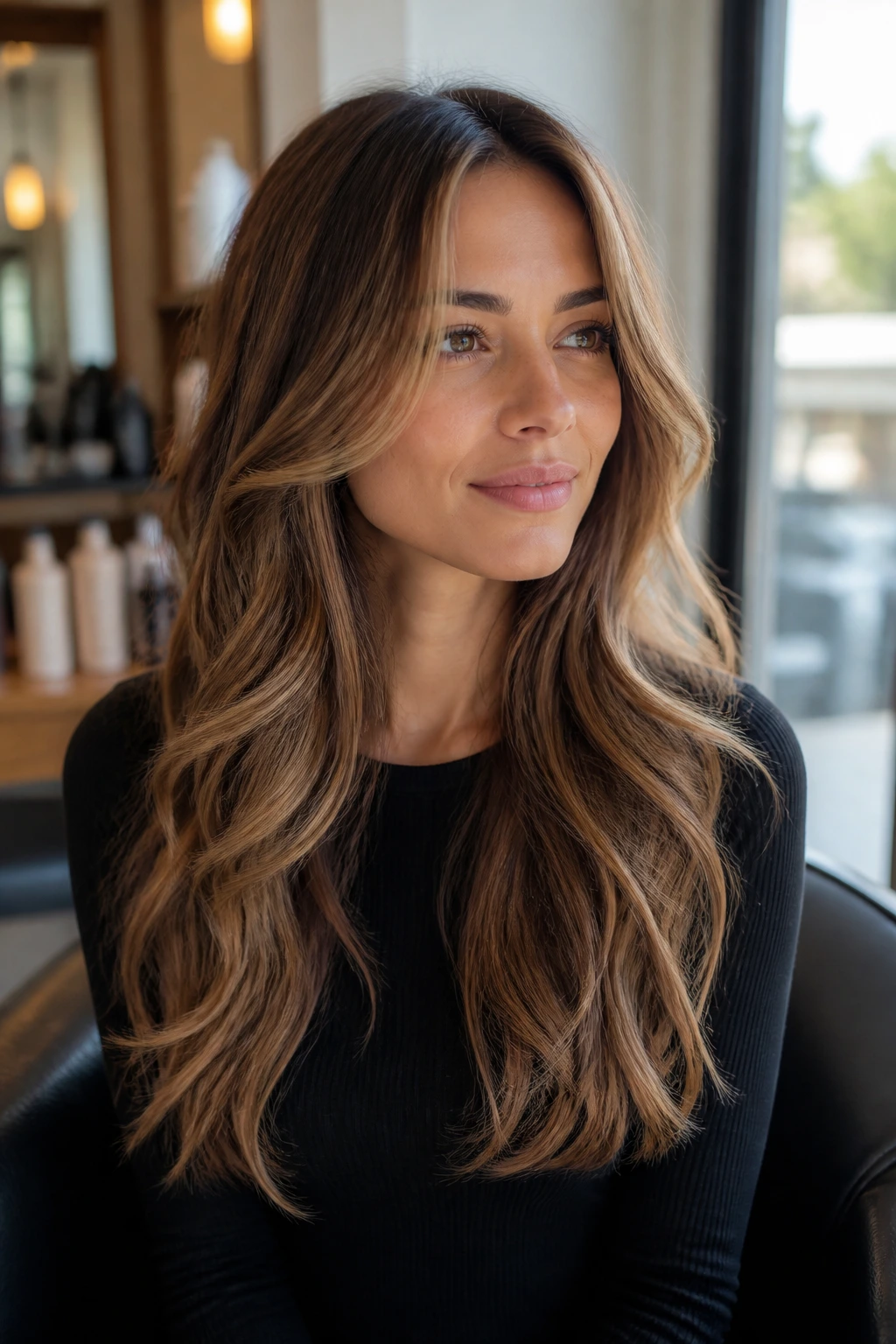 Close-up of real woman with long layers and face-frame in soft light