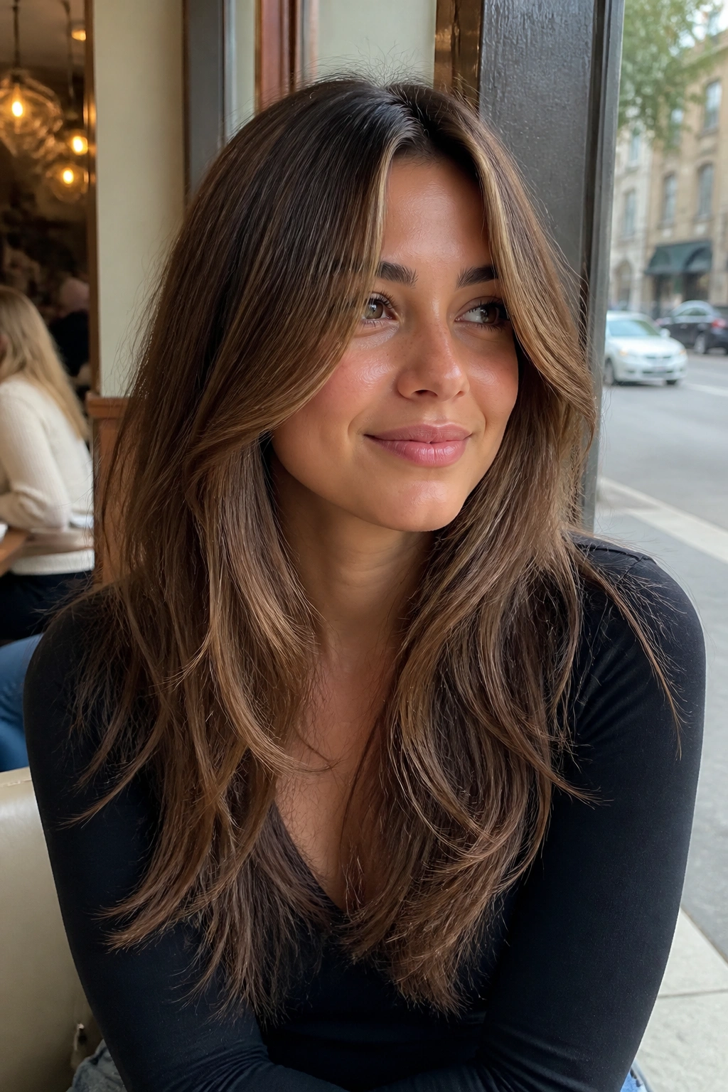 Real woman with long layers and face-framing pieces in cafe window light
