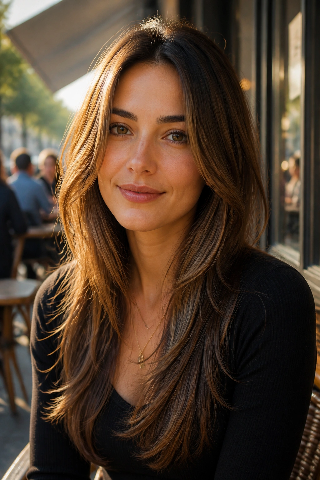 Close-up of a real person with long layers and jaw-starting face-framing pieces.